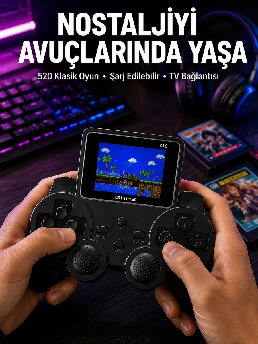 Şarjlı Retro Gamepad Oyun Konsolu: 520 Oyunlu TV Çıkışlı El Konsolu - Eski Günleri Hatırla