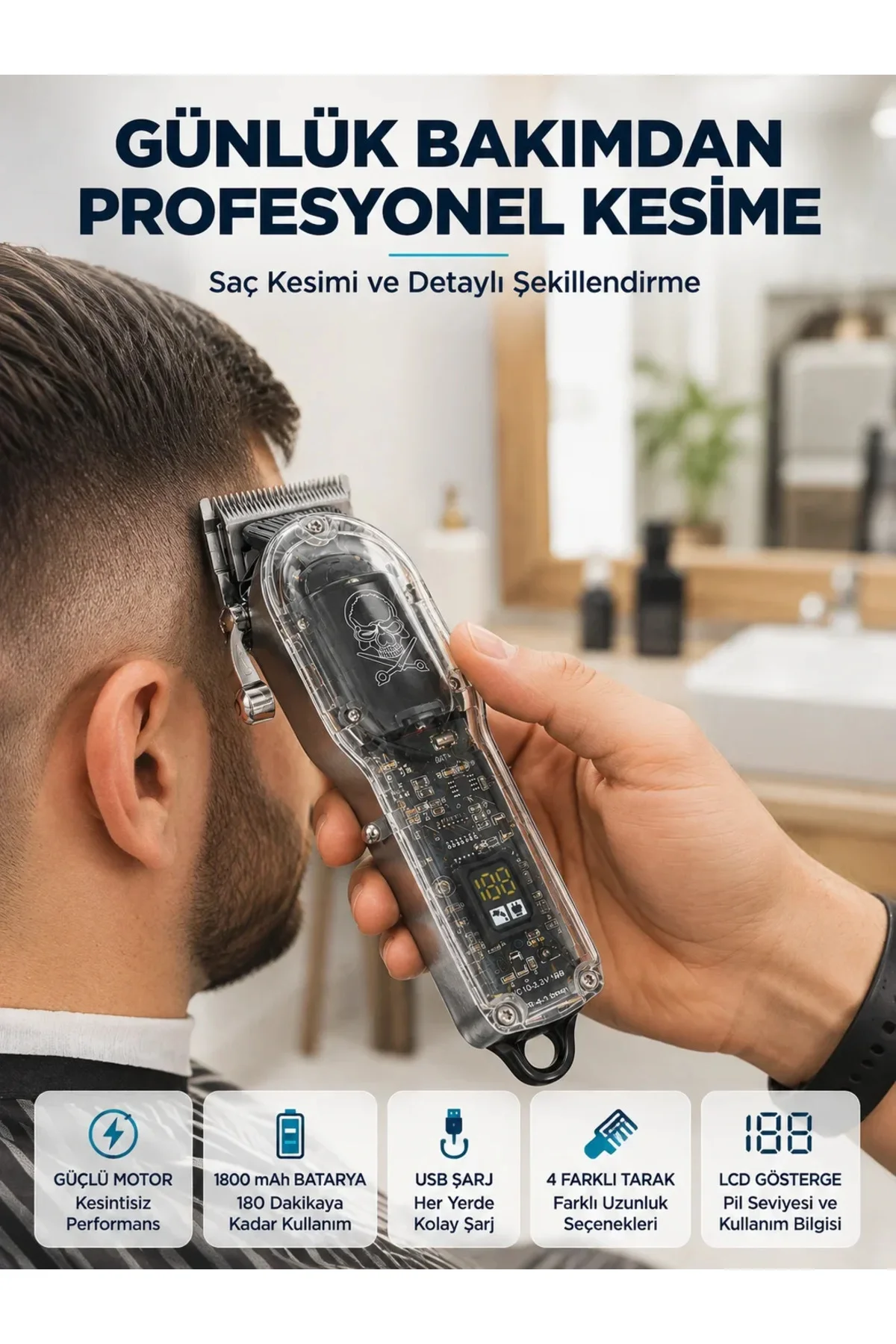Şarjlı Saç Kesme Makinesi 4 Farklı Taraklı LCD Pil Göstergeli USB Şarjlı Profesyonel Erkek Tıraş Mak