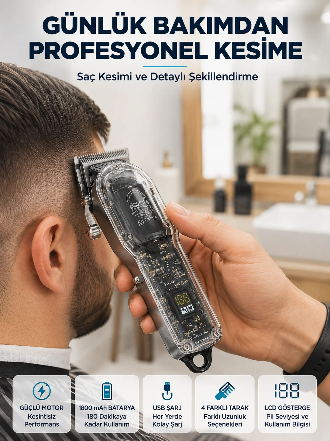 Şarjlı Saç Kesme Makinesi 4 Farklı Taraklı LCD Pil Göstergeli USB Şarjlı Profesyonel Erkek Tıraş Makinesi Fiyatı, Yorumları ve Özellikleri