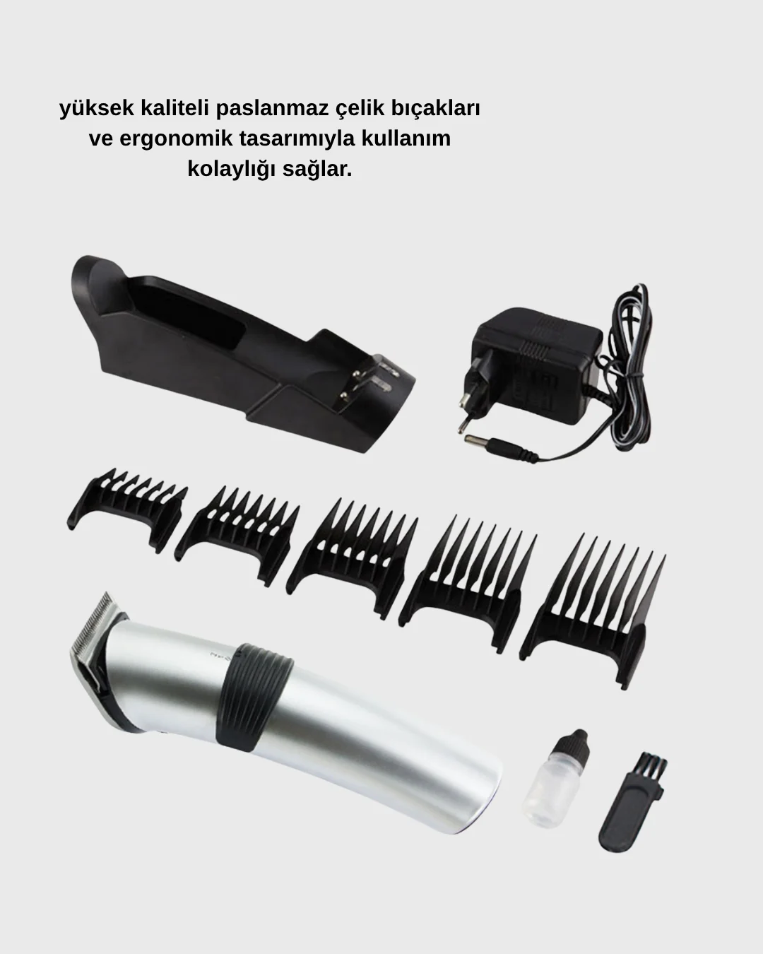 Şarjlı Saç ve Sakal Kesme Makinesi – Paslanmaz Çelik Bıçak, Ayarlanabilir Başlık