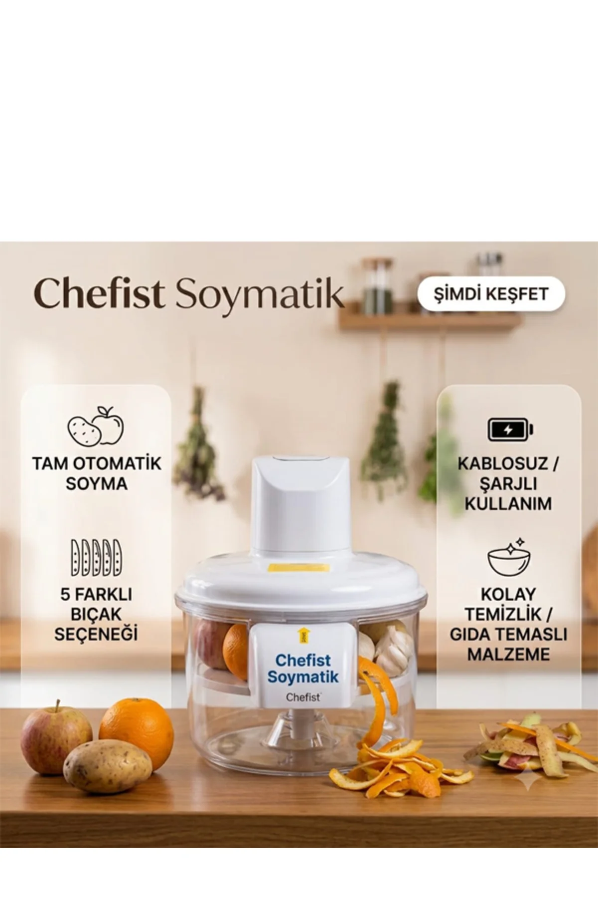 Şarjlı Sebze Meyve Soyma Makinesi Otomatik 5 Bıçaklı Elektrikli Kabuk Soyucu Pratik