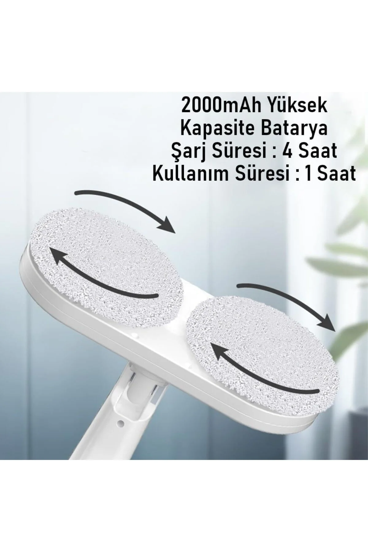 Şarjlı Su Püskürtmeli Elektrikli Mop – Çift Döner Başlık, Mikrofiber Ped, 2000 m
