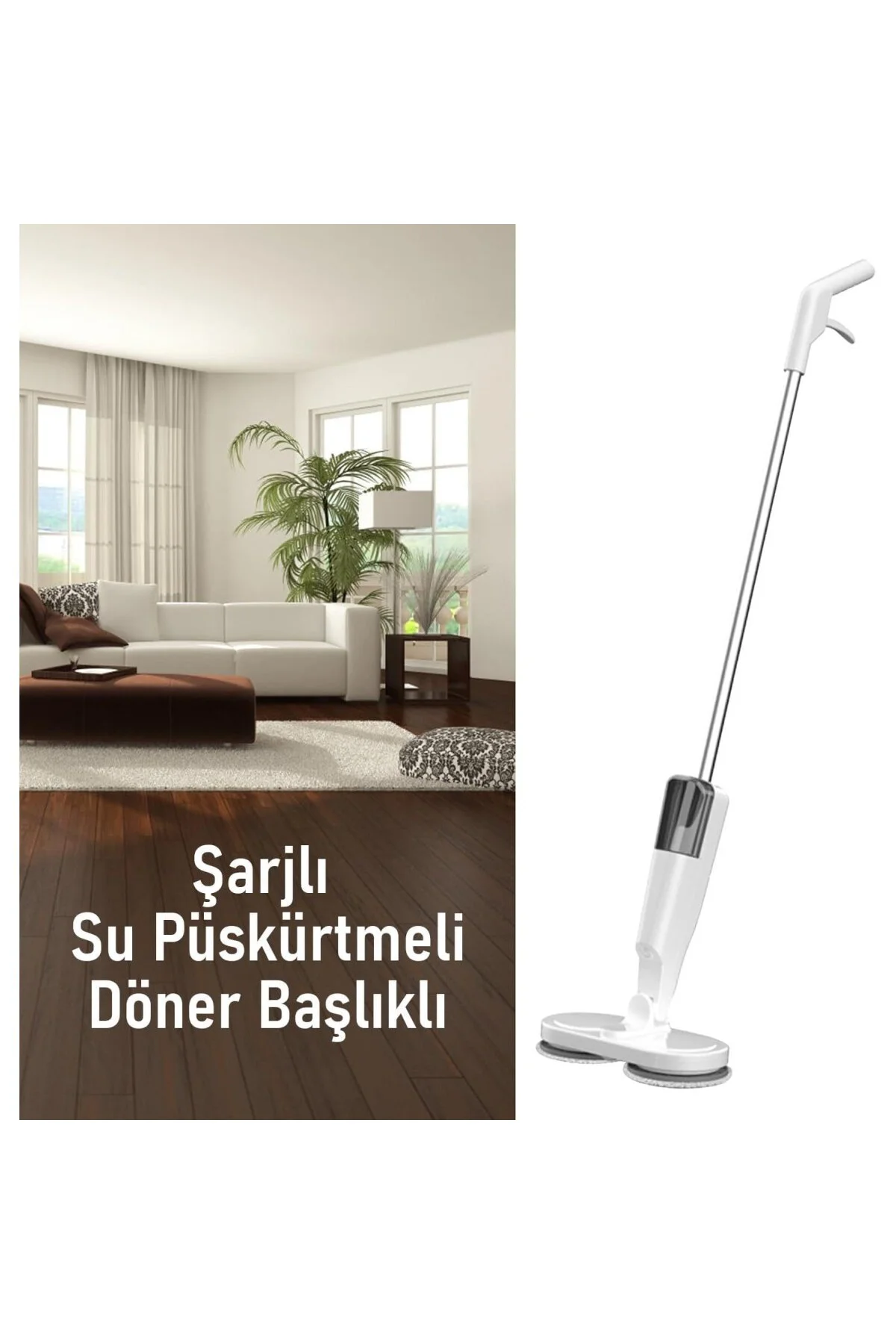 Şarjlı Su Püskürtmeli Elektrikli Mop – Çift Döner Başlık, Mikrofiber Ped, 2000 m