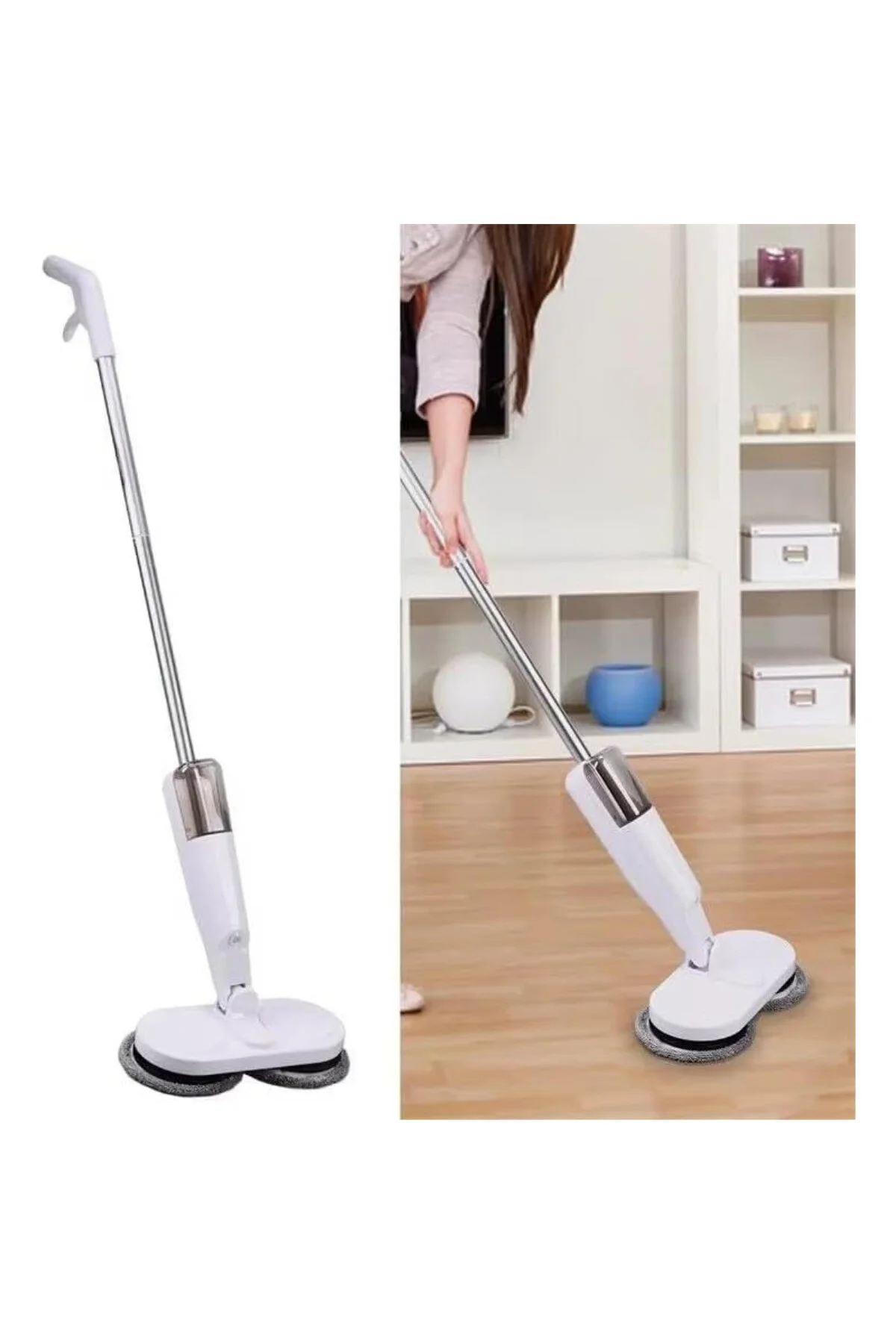 Şarjlı Su Püskürtmeli Elektrikli Mop – Çift Döner Başlık, Mikrofiber Ped, 2000 m