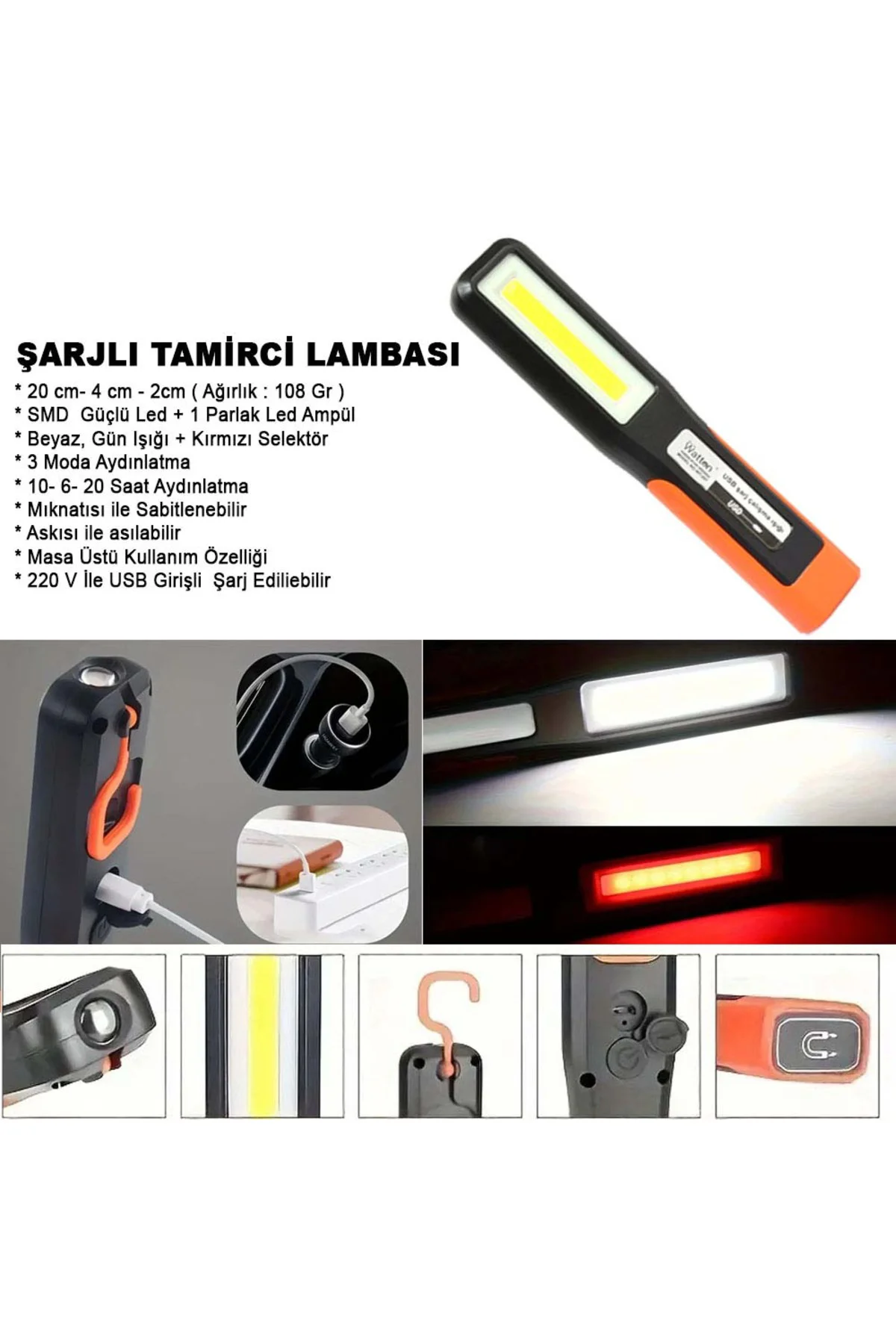Şarjlı Tamirci Lambası Watton Wt-297 Siyah