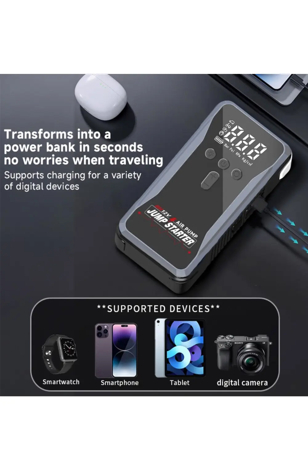 Şarjlı Taşınabilir 12 Volt Akü Takviye Cihazı Lastik Hava Kompres