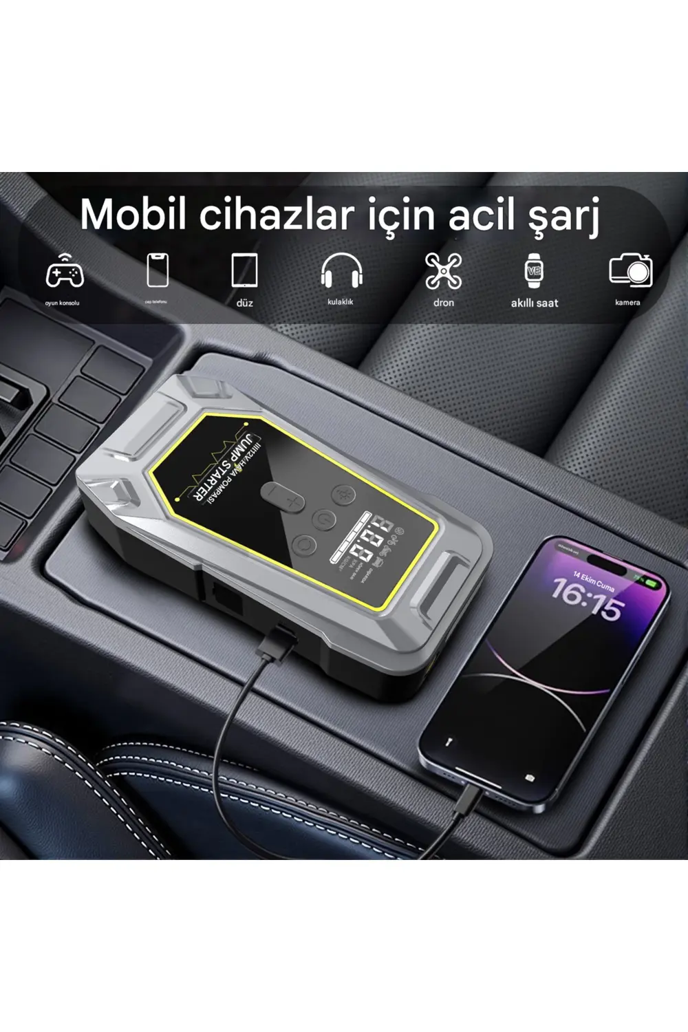 Şarjlı Taşınabilir 12.000 mAh Akü Takviye Cihazı Lastik Hava Komp