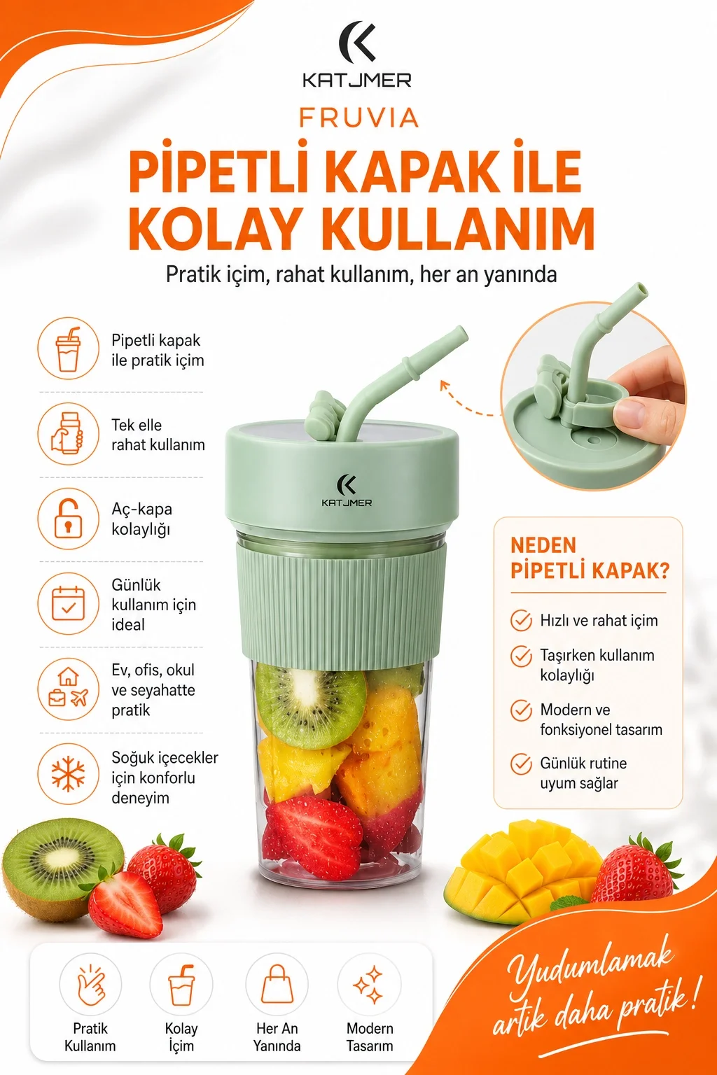 Şarjlı Taşınabilir Meyve Sıkacağı Pipetli Hazneli Pratik Smoothie Blender Bardağı