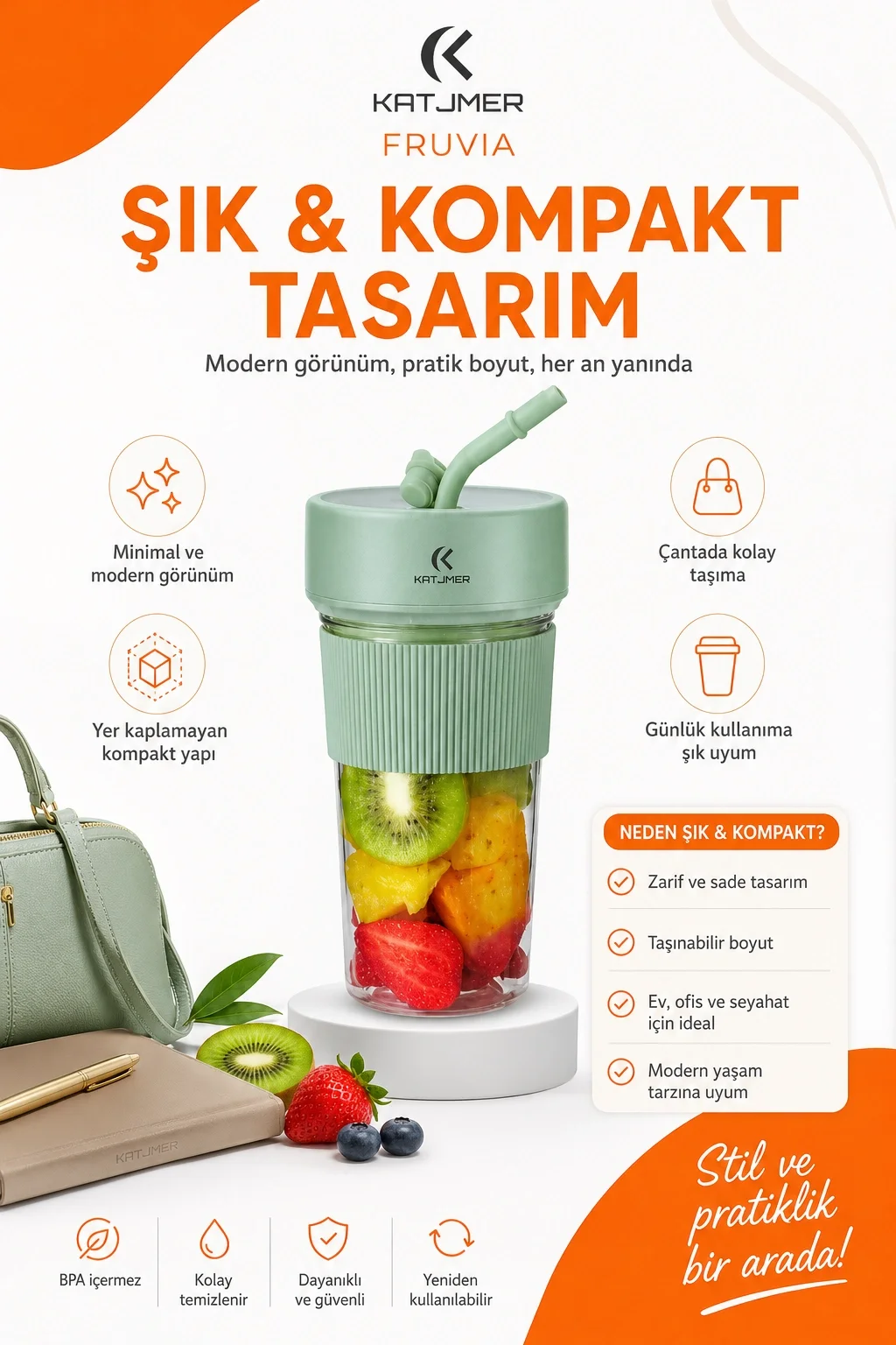 Şarjlı Taşınabilir Meyve Sıkacağı Pipetli Hazneli Pratik Smoothie Blender Bardağı
