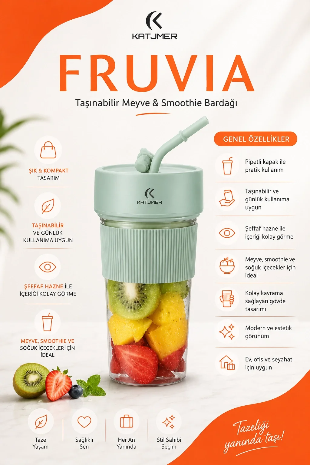 Şarjlı Taşınabilir Meyve Sıkacağı Pipetli Hazneli Pratik Smoothie Blender Bardağı