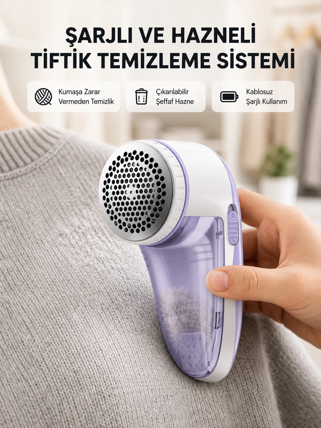 Şarjlı Tiftik Temizleyici – Çıkarılabilir Hazneli, Anti-Statik Fırçalı, USB Şarjlı