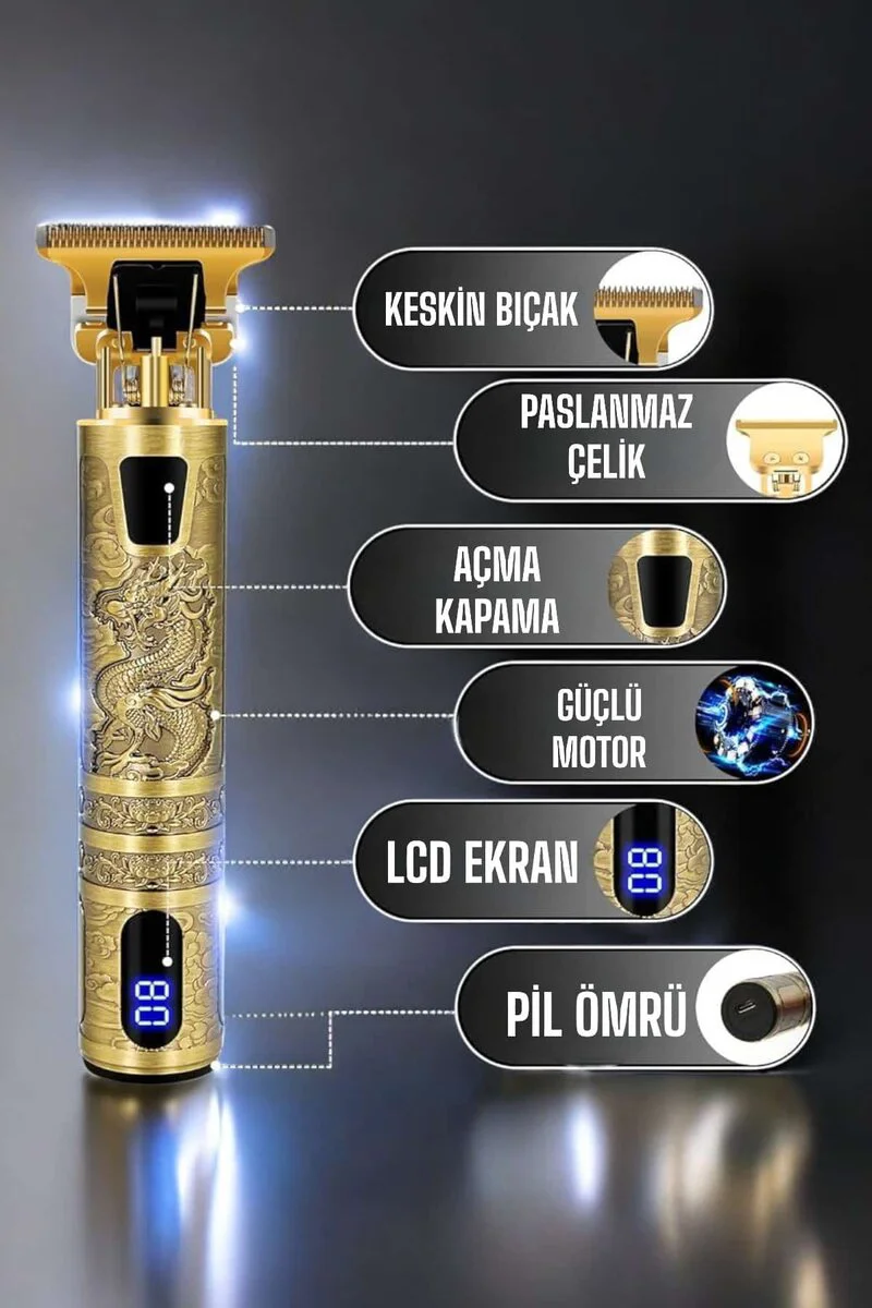 Şarjlı Tıraş Makinesi - Profesyonel Gold Çizik Tıraş, Islak Kuru Kullanıma Uygun, Kesintisiz Pil Gücü