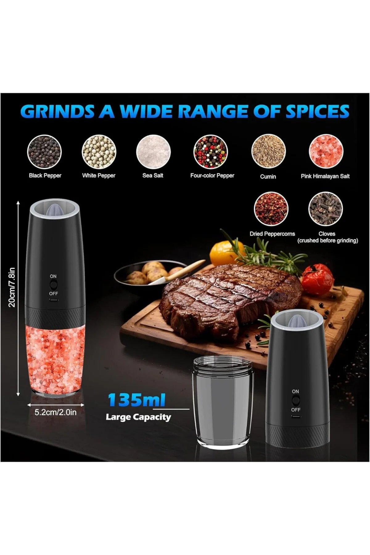 Şarjlı Tuz Karabiber Değirmeni, 5 Kademeli Öğütme Ayarı, 135 Ml G