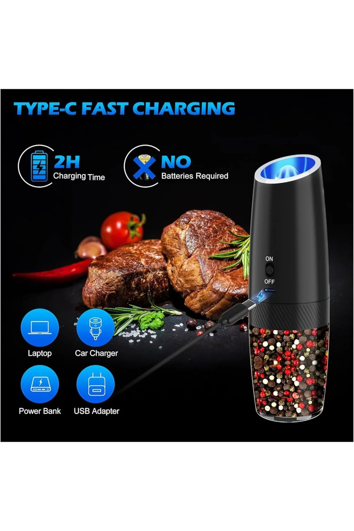 Şarjlı Tuz Karabiber Değirmeni, 5 Kademeli Öğütme Ayarı, 135 Ml G