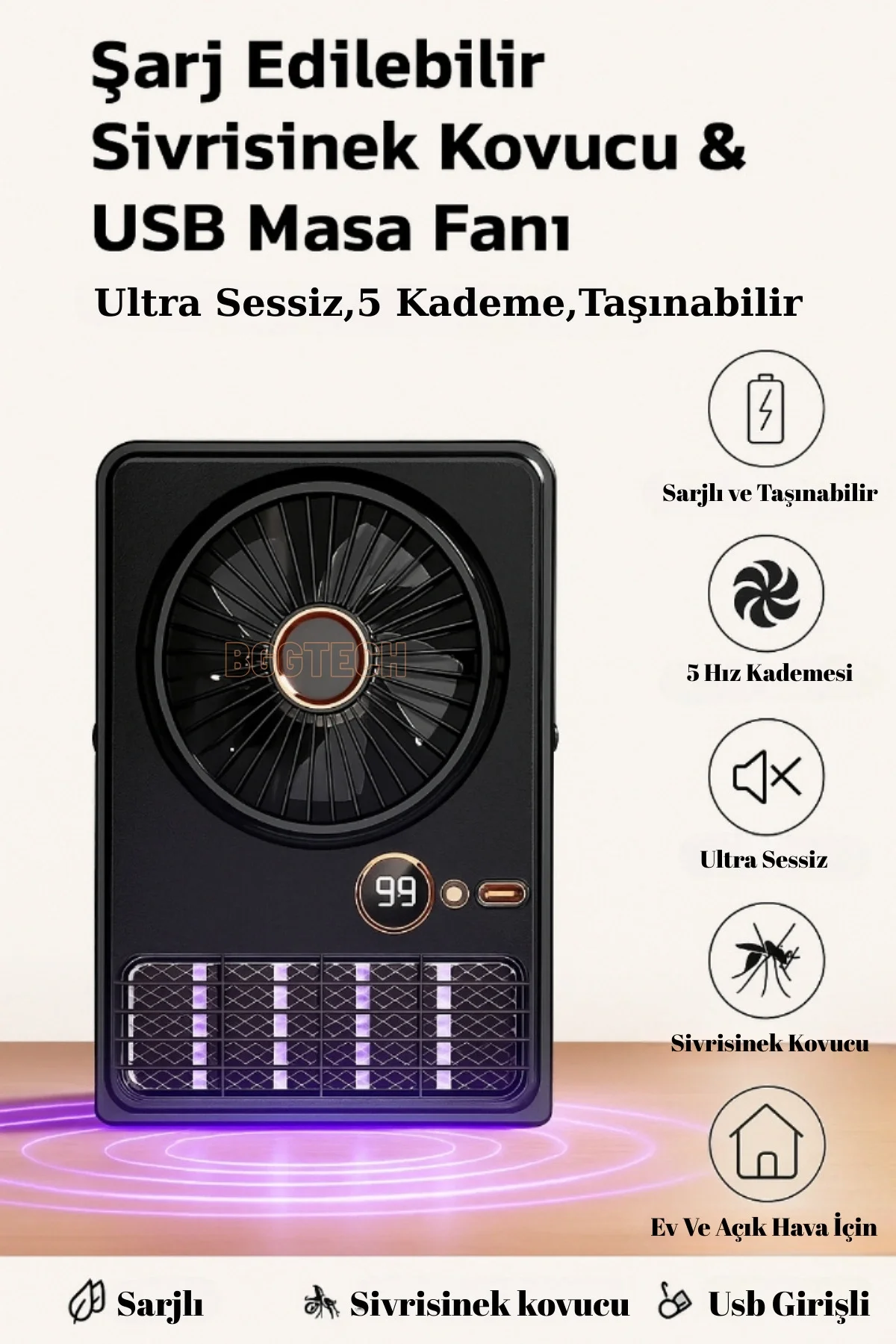 Şarjlı ve Taşınabilir Masaüstü Vantilatör, 5 Kademeli Hız ve Sinek Kovucu Özelliğe Sahiptir