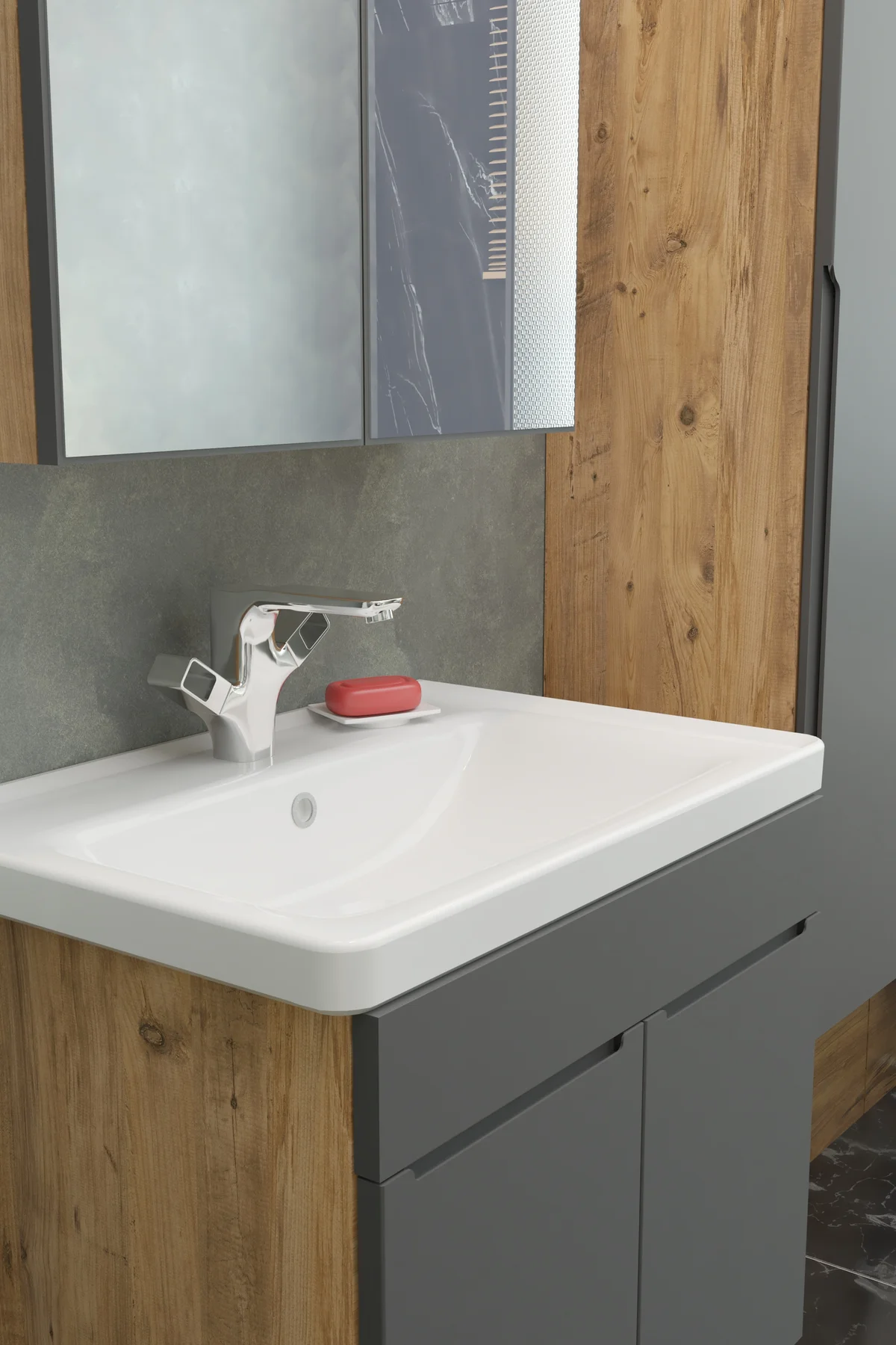 Şarkışla Havlu Dolaplı 65cm Seramik Lavabolu Membran Kapaklı MDF 