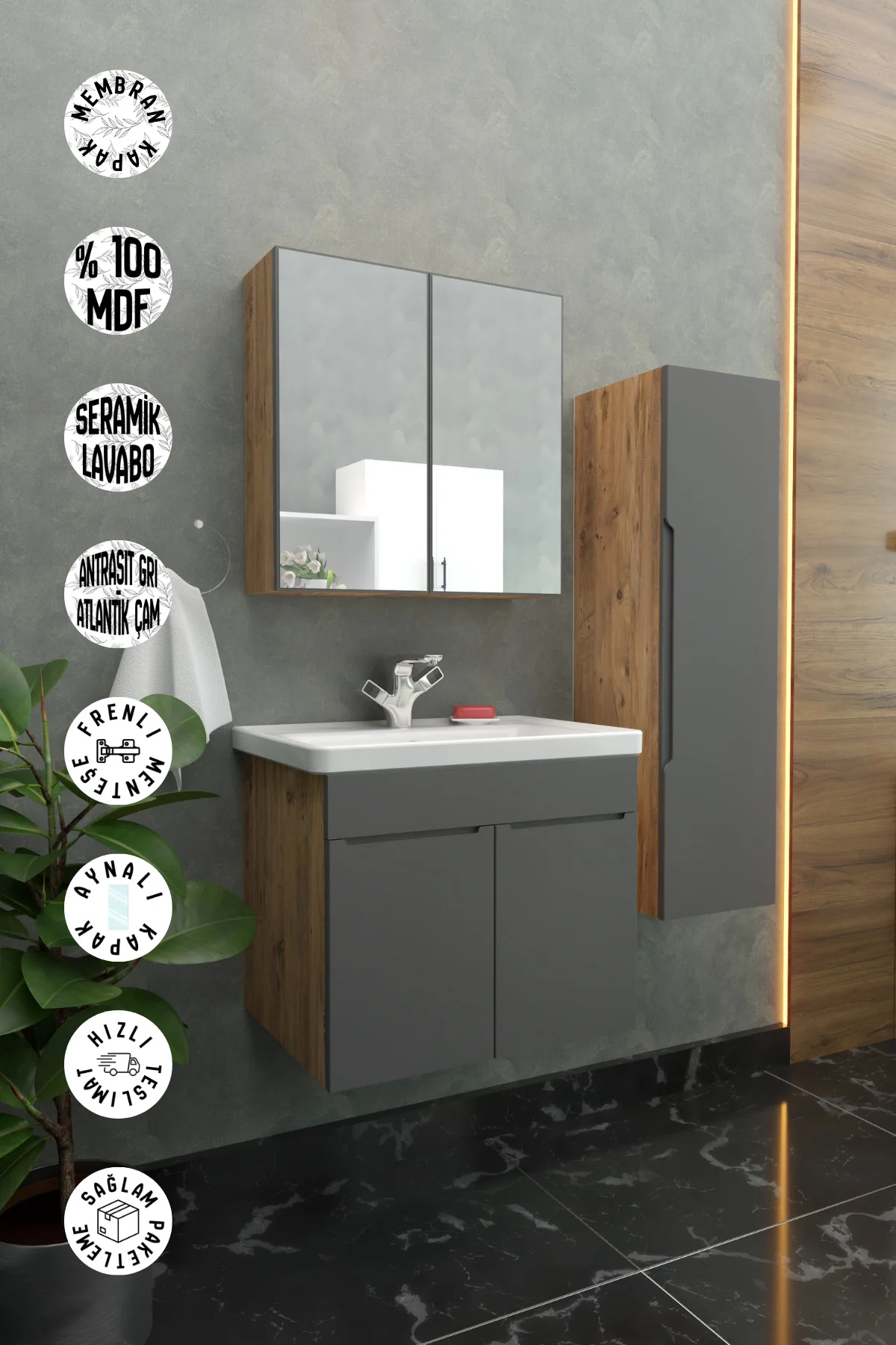 Şarkışla Havlu Dolaplı 65cm Seramik Lavabolu Membran Kapaklı MDF 