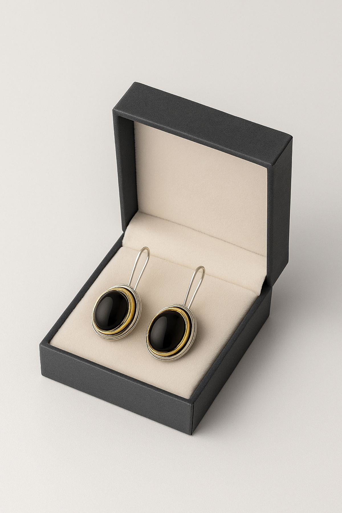 Sarma Serisi Siyah Oniks Taşlı El İşi Kadın Otantik Gümüş Küpe