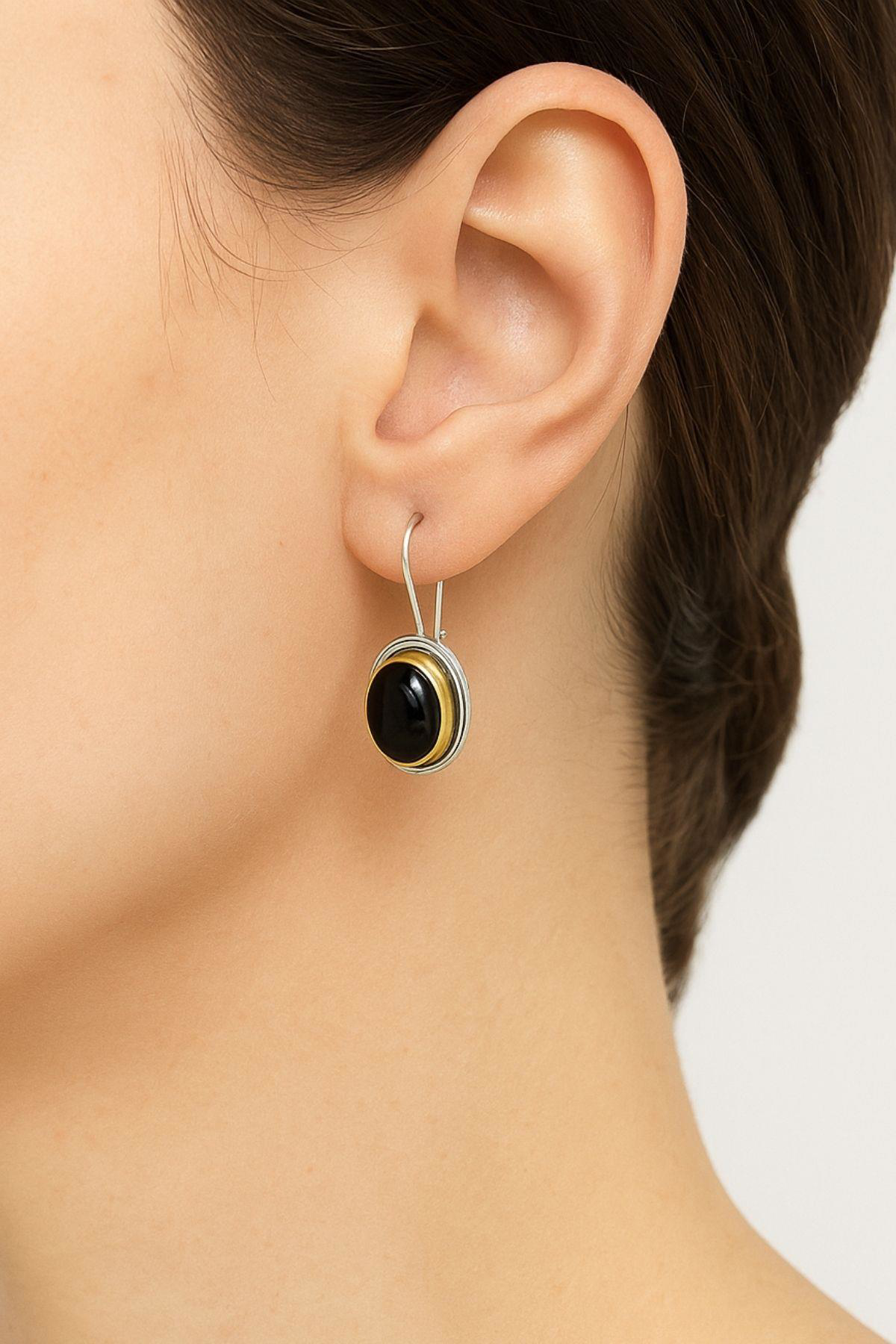 Sarma Serisi Siyah Oniks Taşlı El İşi Kadın Otantik Gümüş Küpe