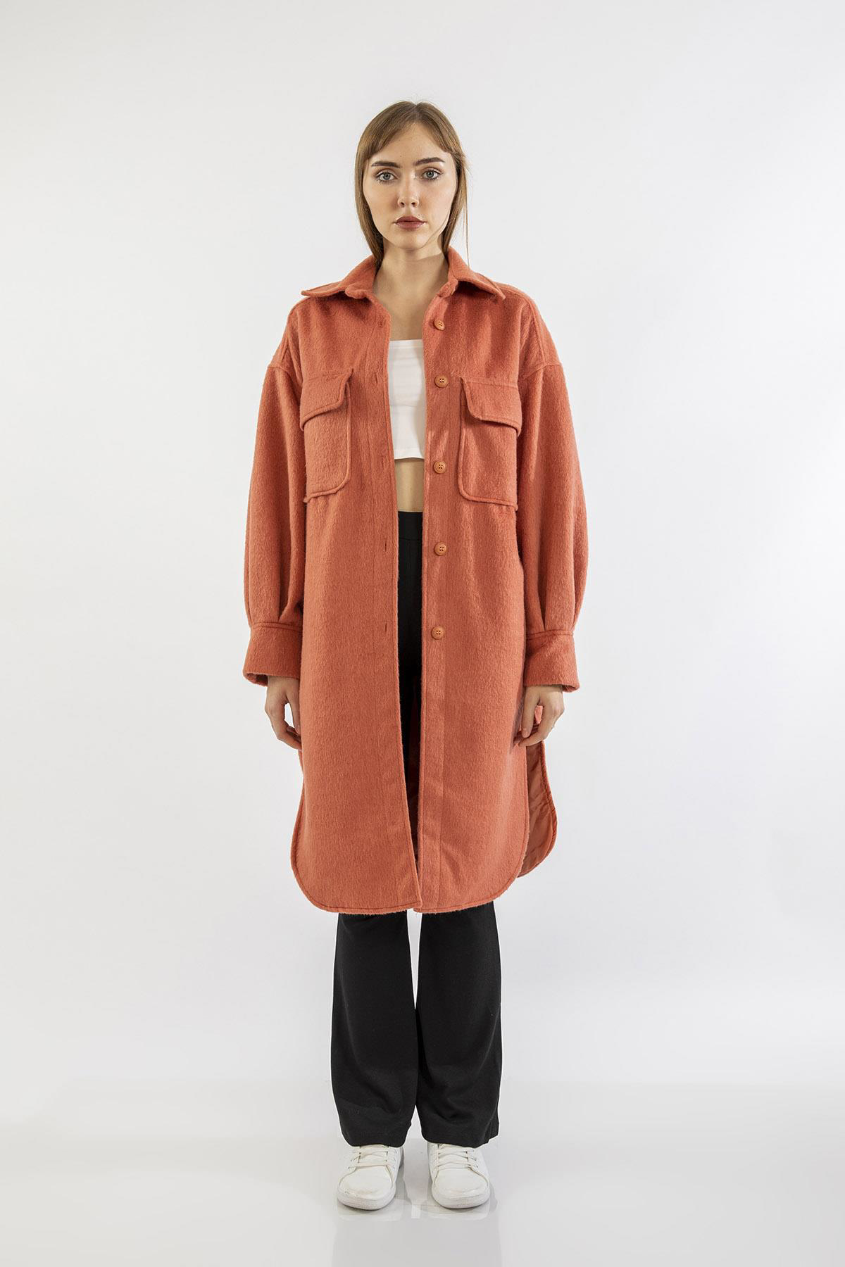 Sasha Moda  Ceket Somon L-Xl - Oduncu Kumaş Gömlek Yaka Oversize/S