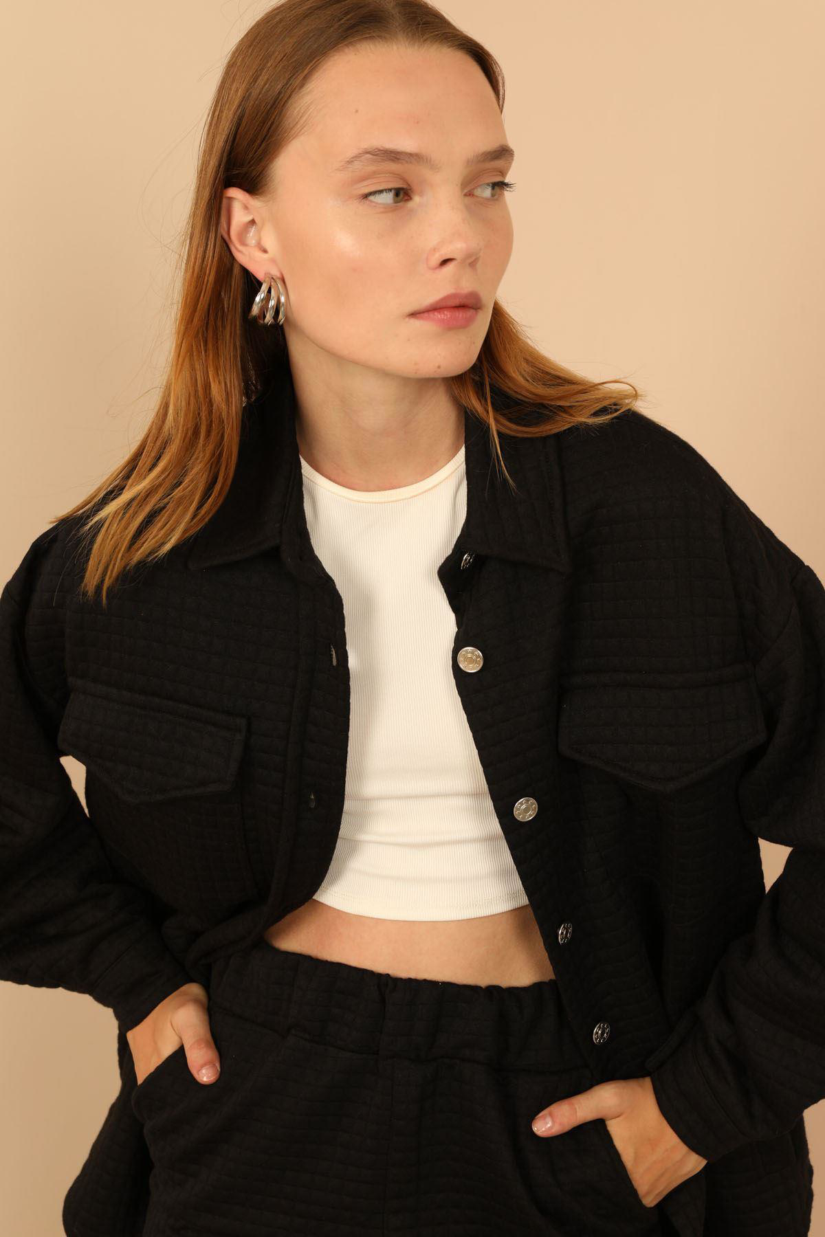 SASHA MODA CEKET SİYAH L-XL - Kapitone Kumaş Gömlek Yaka Düğmeli 