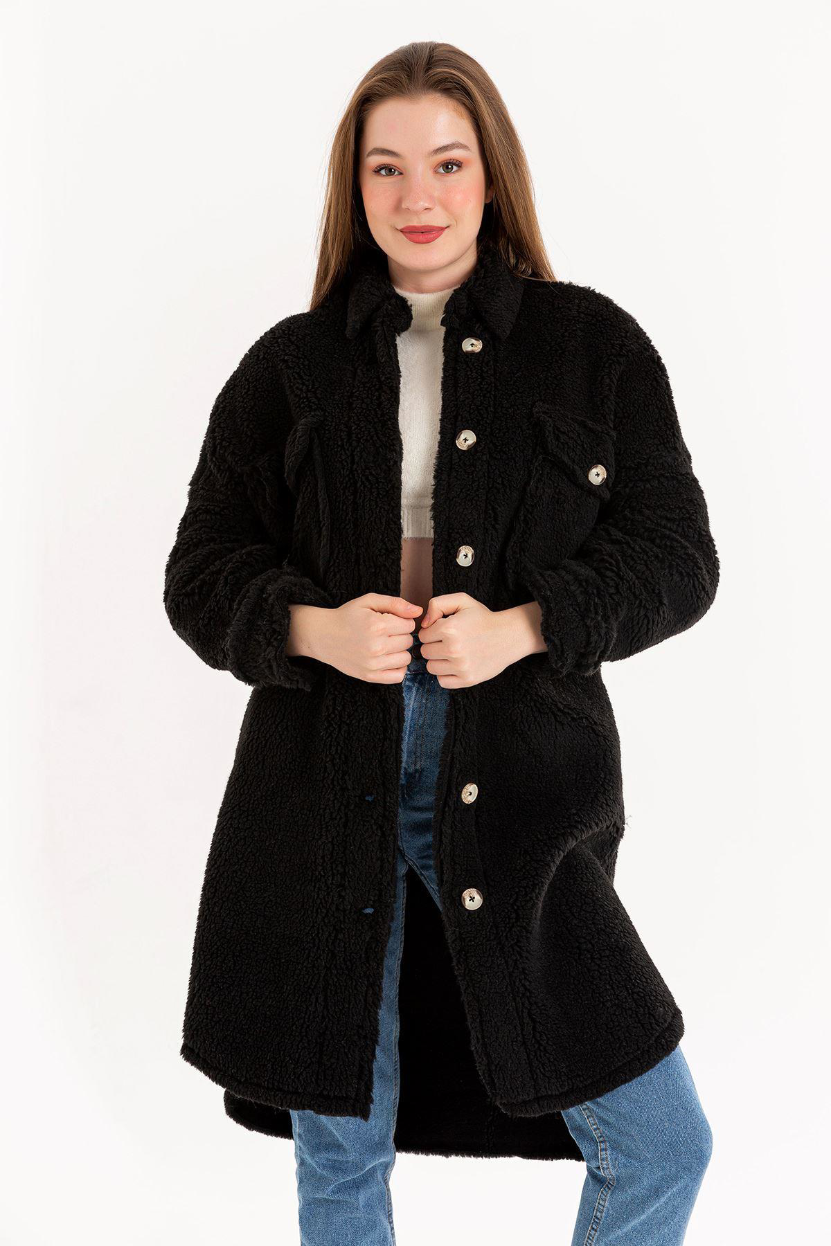 Sasha Moda  Kaban Siyah L-Xl - Teddy Kumaş Gömlek Yaka Basen Boy O