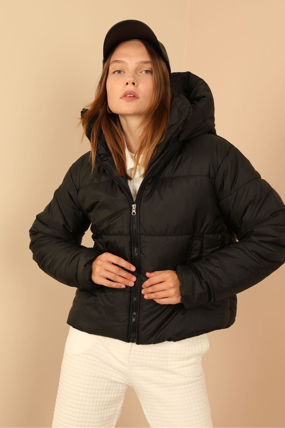 Sasha Moda  Mont Siyah Xl - Jesica Kumaş Fermuarlı Yaka Kısa Boy R