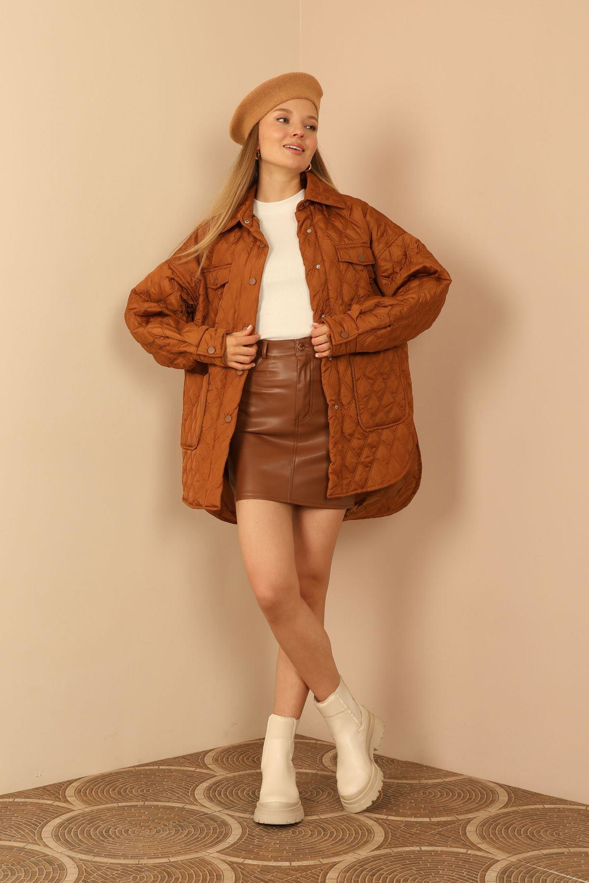 SASHA MODA MONT KAHVE S-M - Kapitone Kumaş Çift Dikiş Desen Kadın