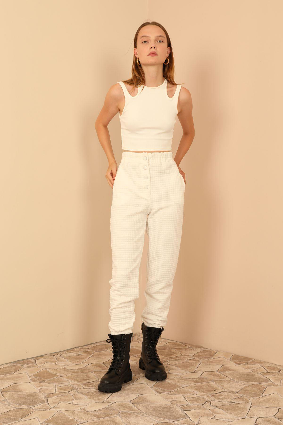 Sasha Moda  Pantolon Ekru M - Kapitone Kumaş  Kadin Alt Pantolon