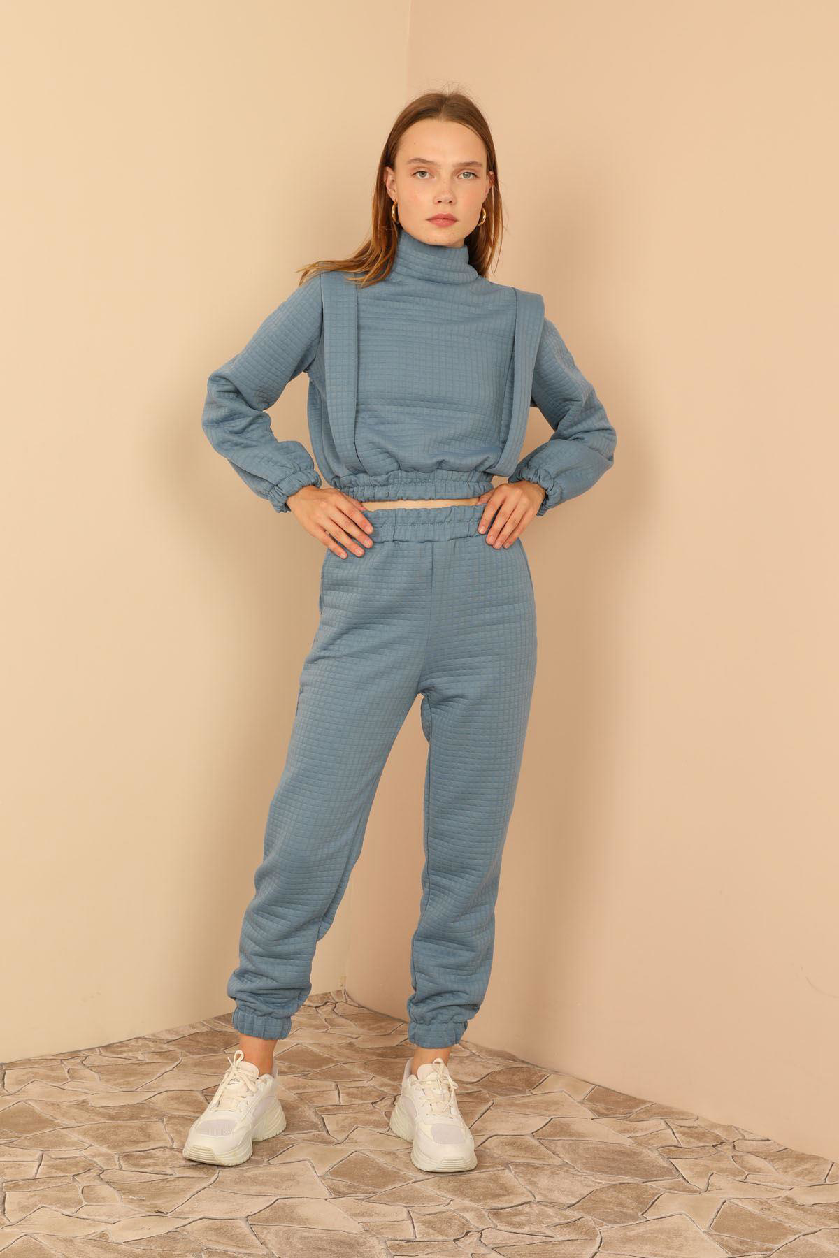 Sasha Moda  Takim Mavi Xl - Kapitone Kumaş Boğazli Yaka Omuz Detay