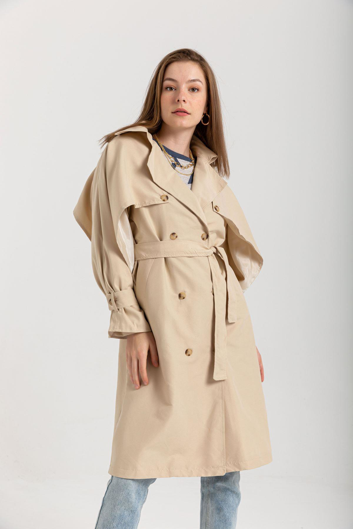 Sasha Moda  Trençkot Taş S - Soft Kumaş Uzun Kol Gömlek Yaka Kemer