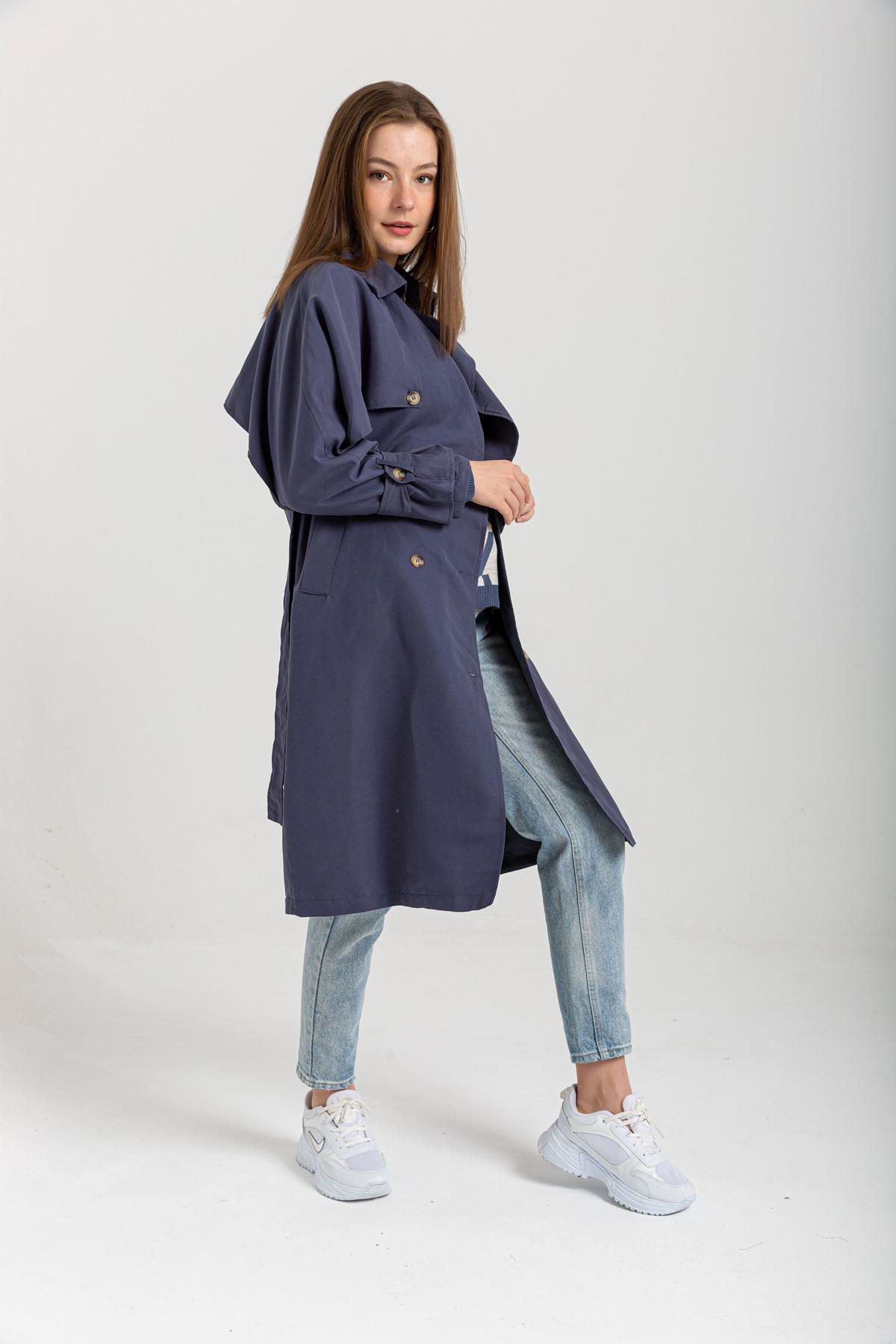 Sasha Moda  Trençkot İndigo L - Soft Kumaş Uzun Kol Gömlek Yaka Ke