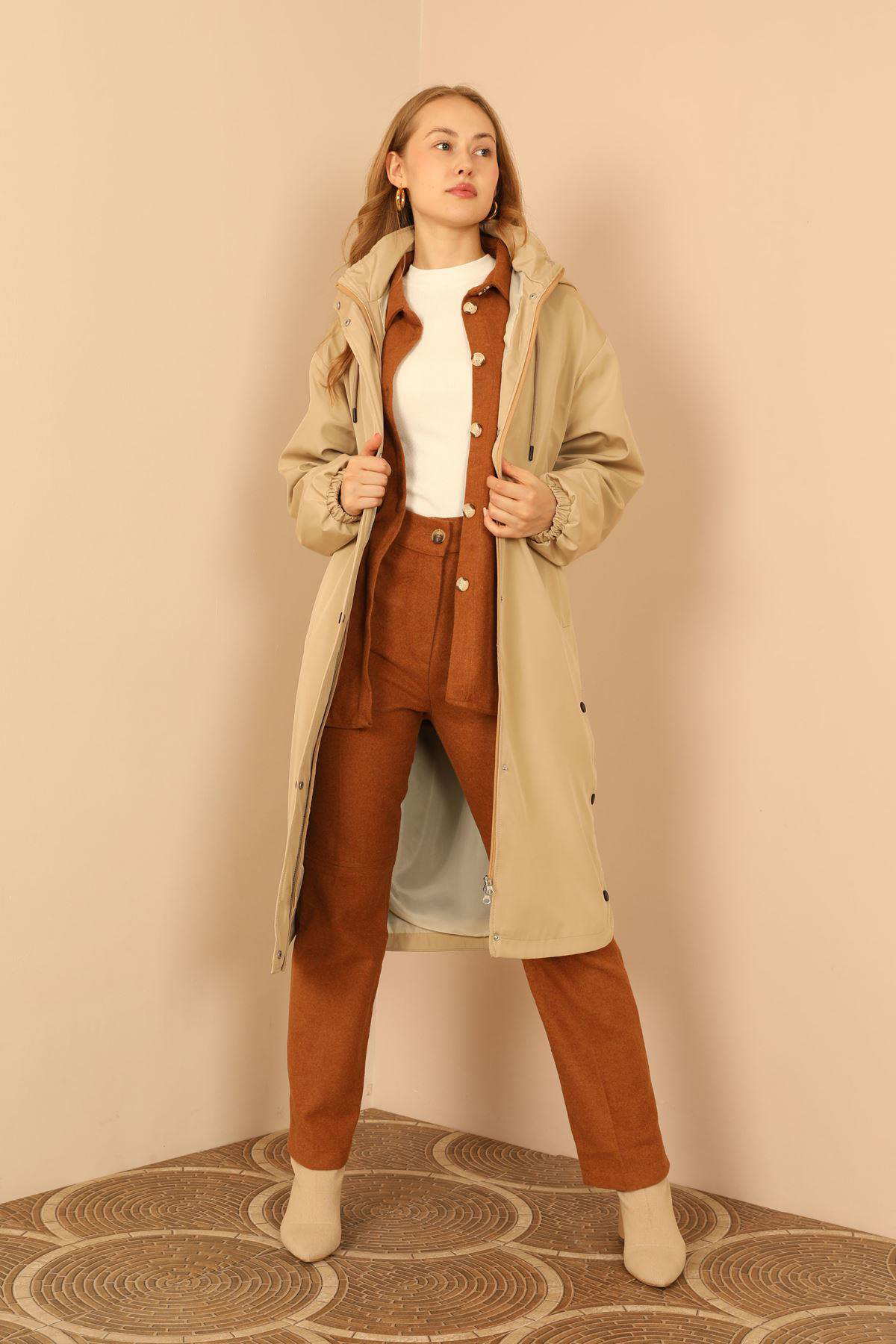 Sasha Moda  Yağmurluk Bej Xl - Bondig Kumaş Uzun Kapüşonlu Kadin Y