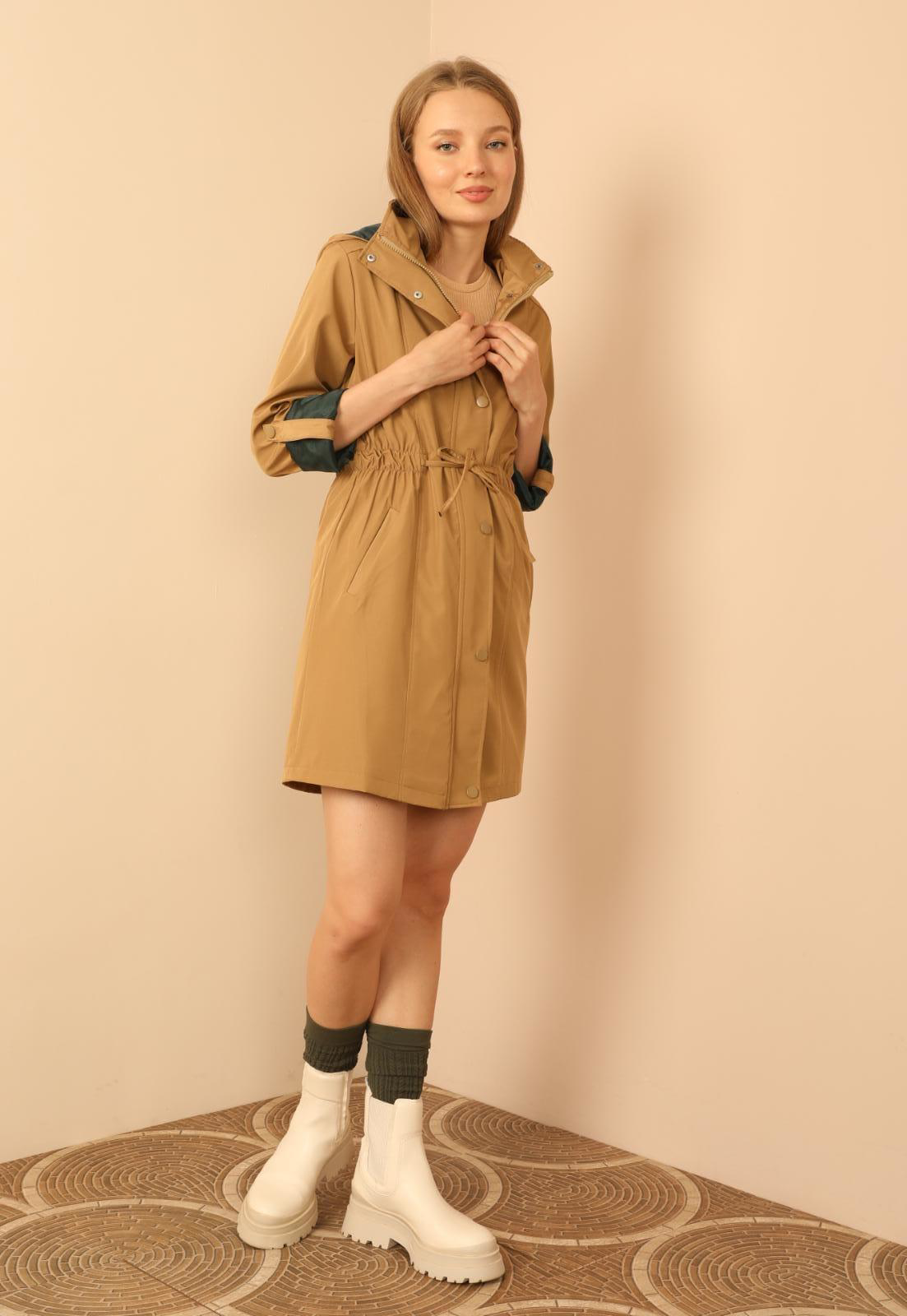 Sasha Moda  Yağmurluk Taba Xl - Bondig Kumaş Kapşonlu Uzun Kadin Y