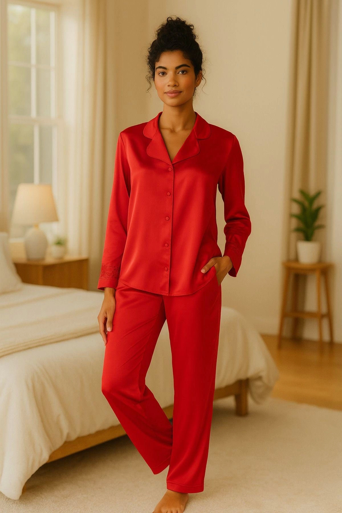 Saten Pijama Takımı – Dantel Kollu, Uzun Kollu, Kore İpeği Dokulu, Çeyizlik