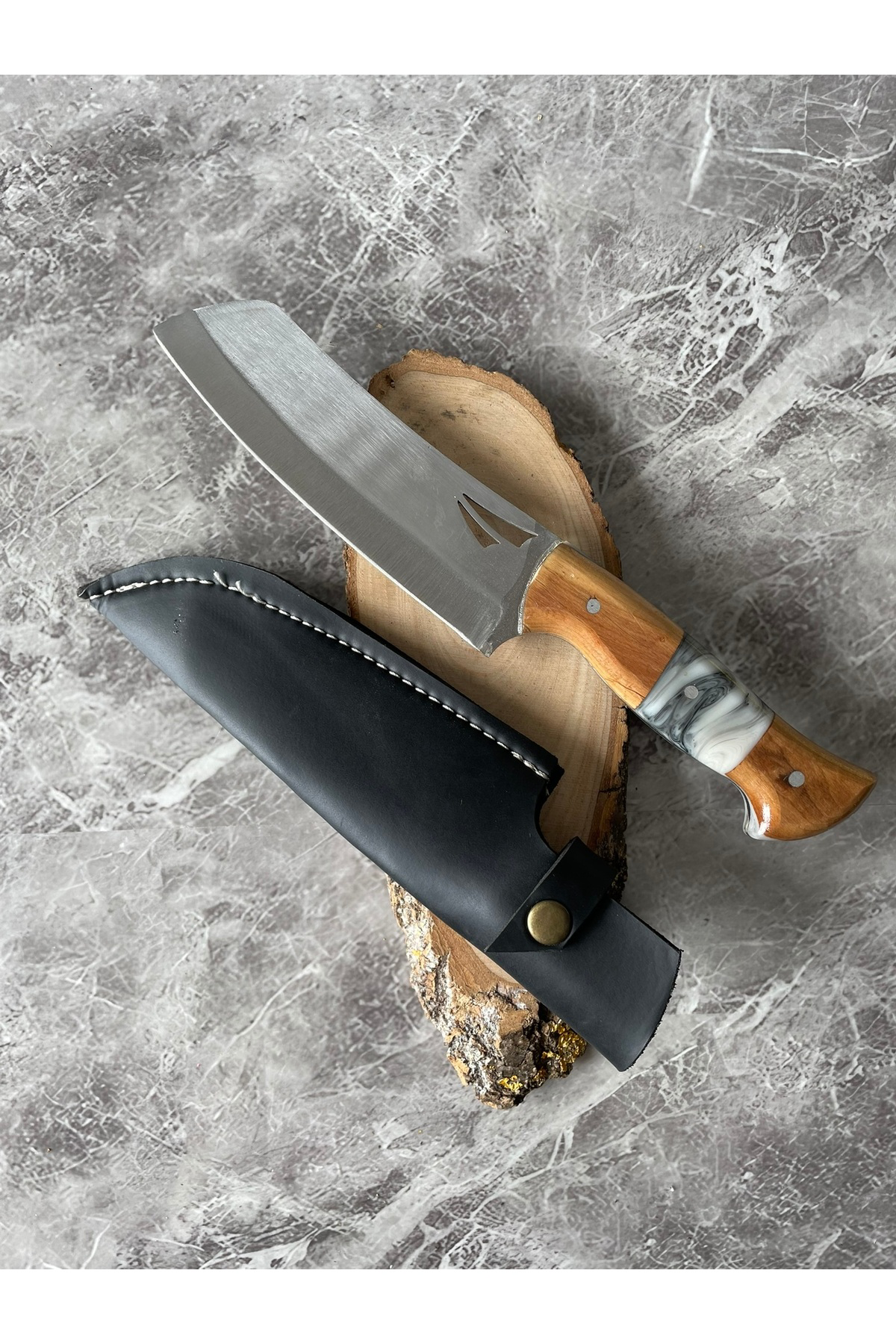 Satır Model Hibrit Beyaz Epoksi Kabzeli Kılıflı Kamp ve Av Bıçağı