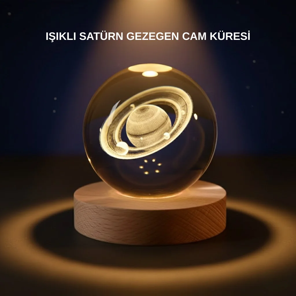 Satürn Desenli Kristal Küre Led Gece Lambası Ahşap Standlı - Lisinya Diğer