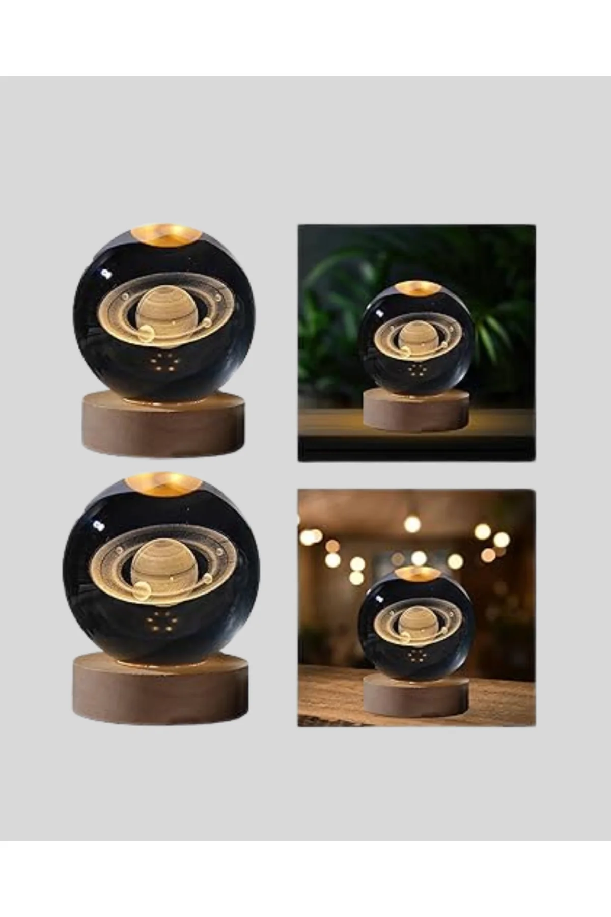 Satürn Desenli Kristal Küre Led Gece Lambası Ahşap Standlı