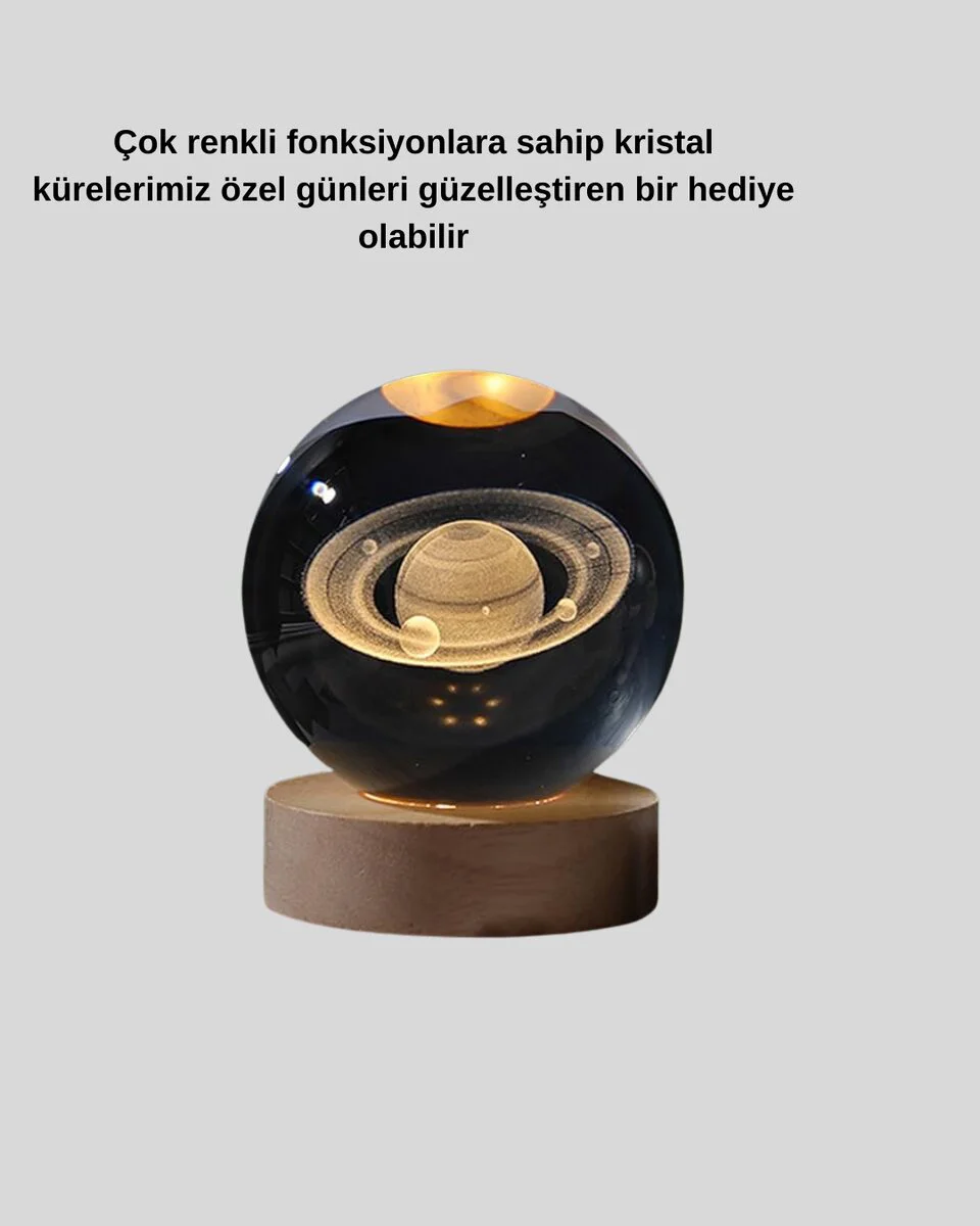 Satürn Desenli Kristal Küre LED Gece Lambası Ahşap Standlı