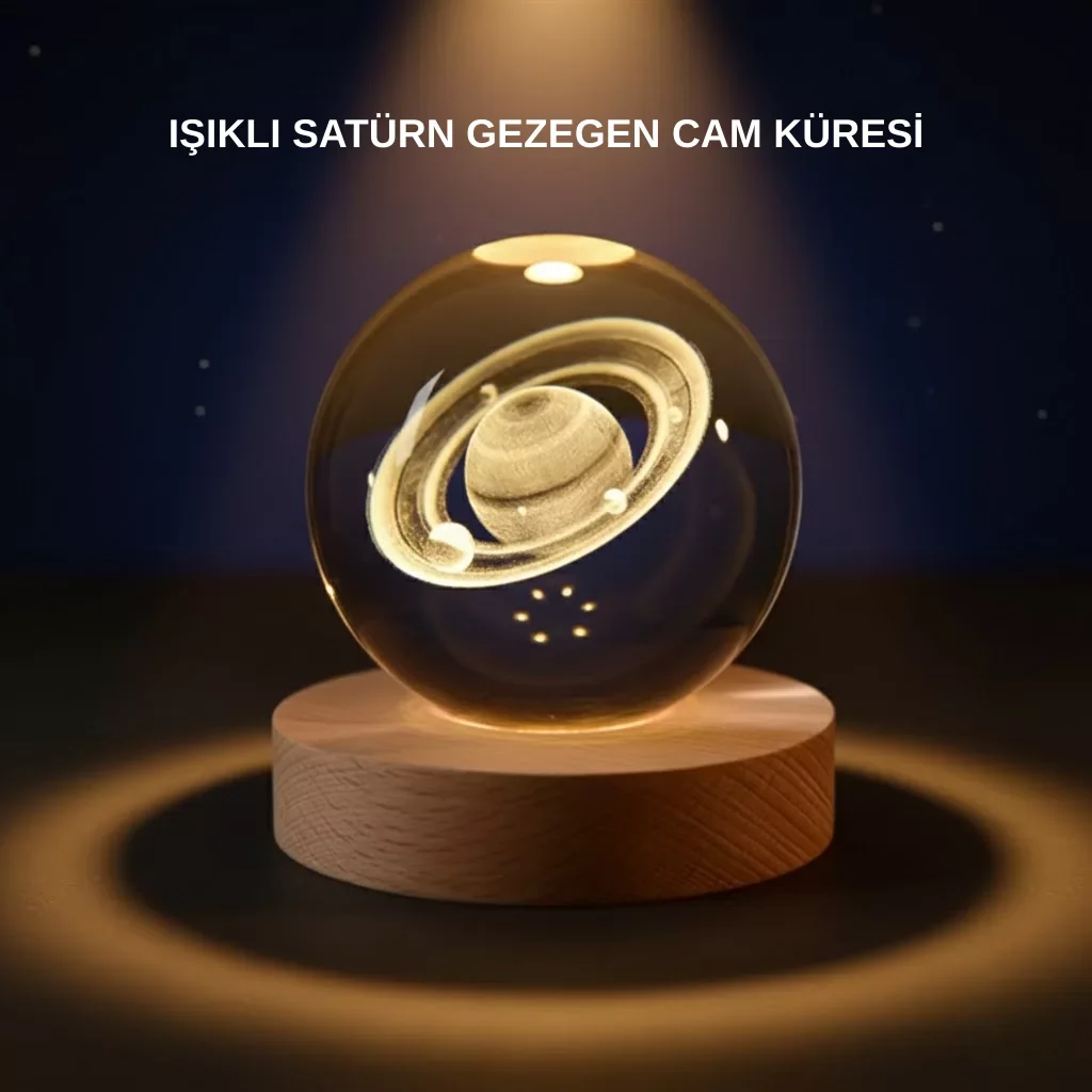 Satürn Desenli Kristal Küre LED Gece Lambası Ahşap Standlı - Lisinya