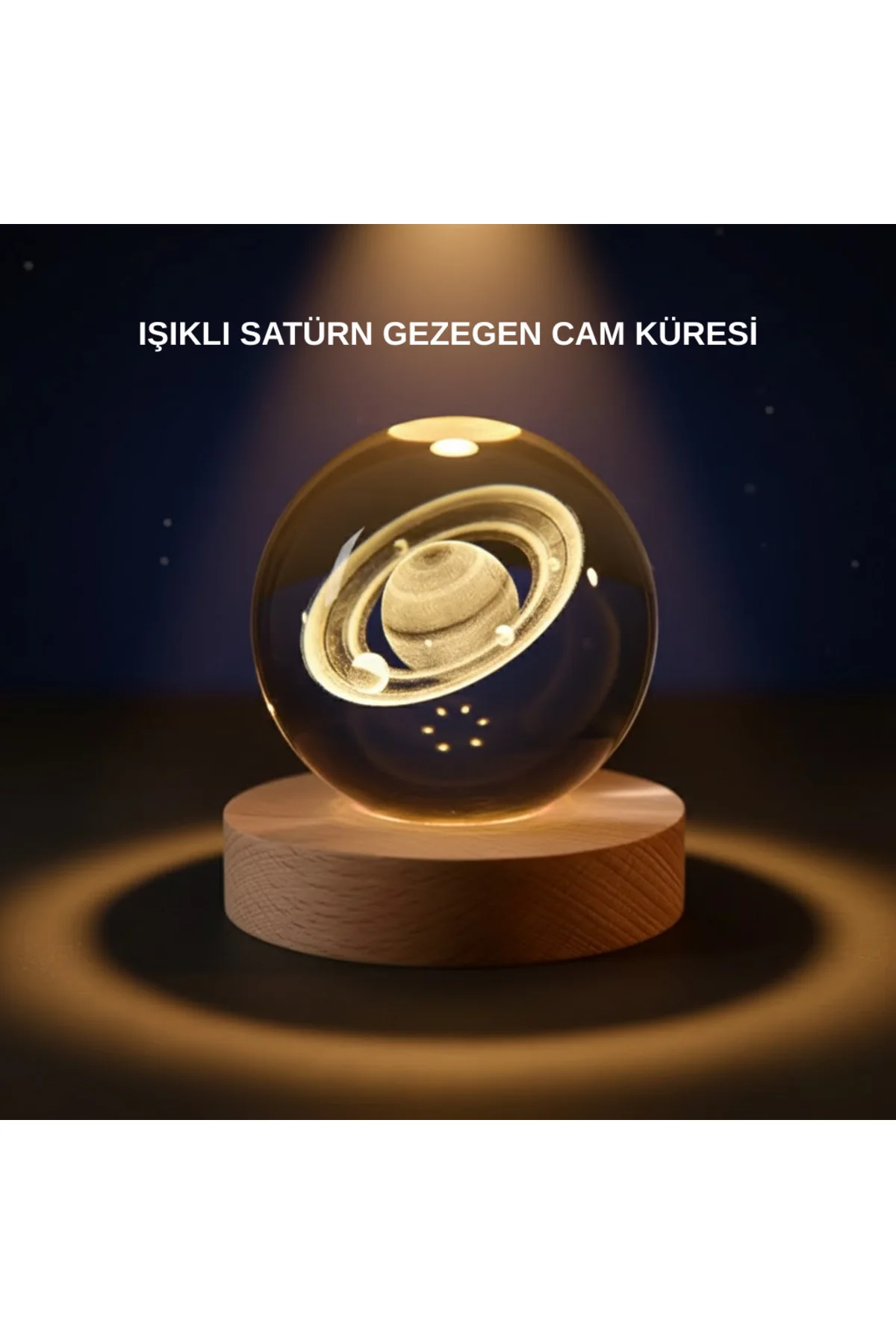 Satürn Desenli Kristal Küre Led Gece Lambası Ahşap Standlı