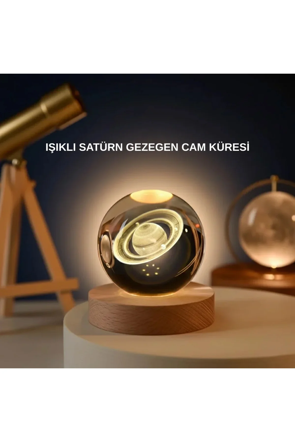 Satürn Gezegenli Kristal Küre LED Lamba USB’li Ahşap Standlı