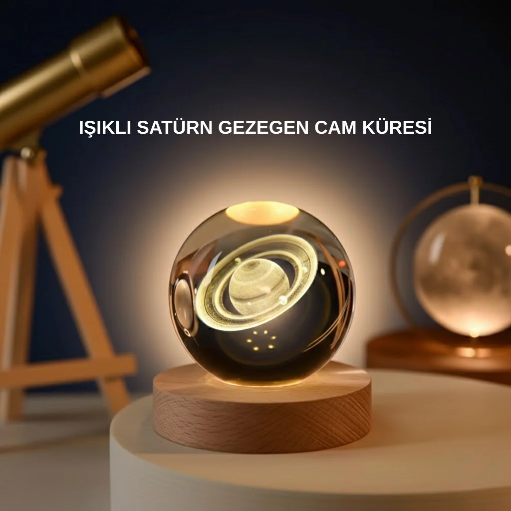 Satürn Gezegenli Kristal Küre LED Gece Lambası Ahşap Standlı - Yatak Odası Dekorasyonu