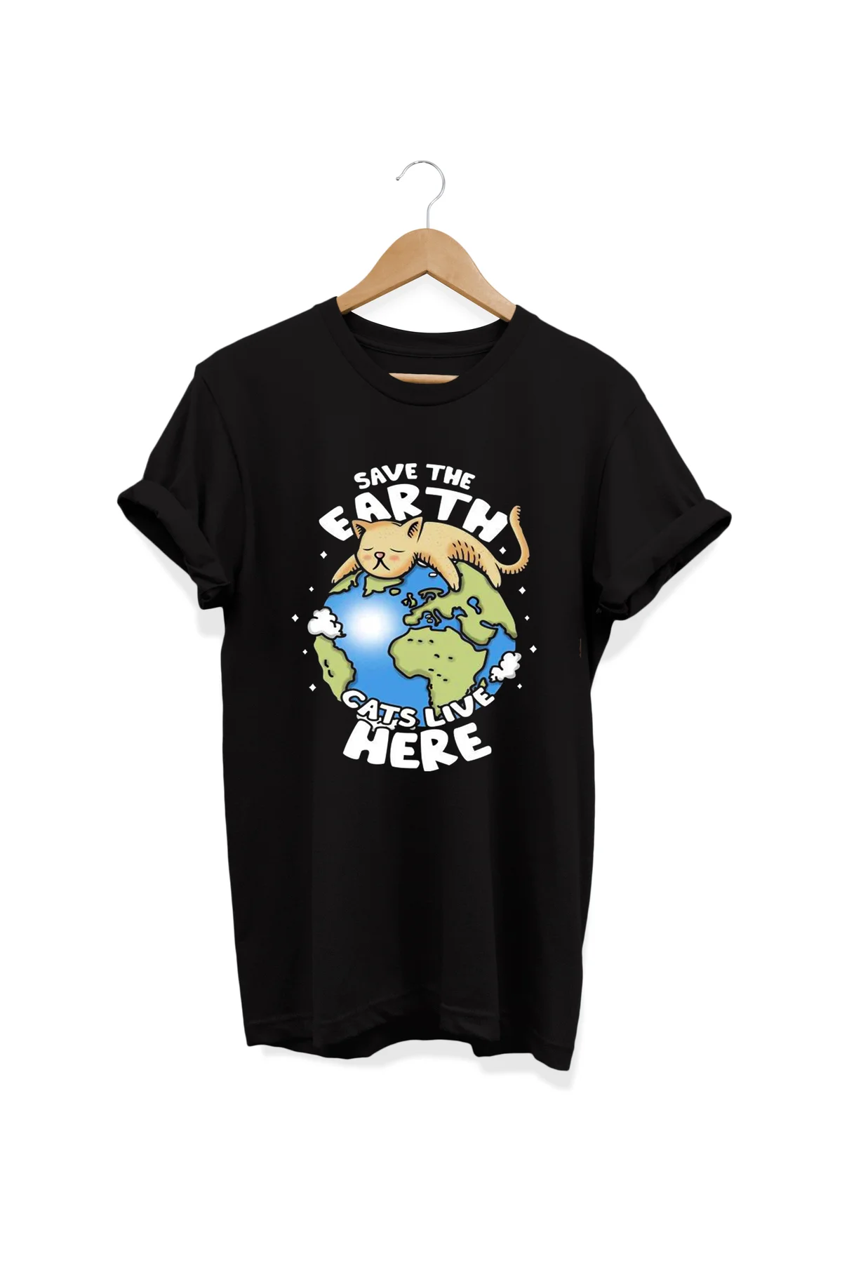 , Save Earth Cat Baskılı, %100 Pamuk, Bisiklet Yaka, Oversize T-s