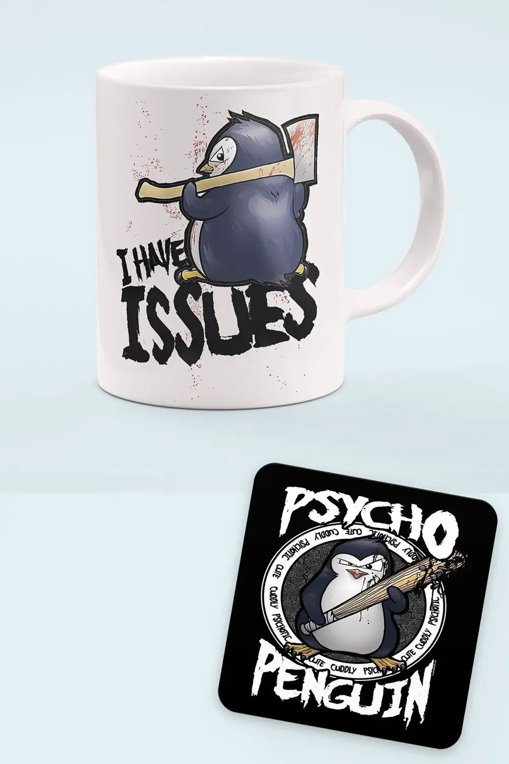 Sayko Penguen Baskılı Porselen Kupa ve Ahşap Bardak Altlığı