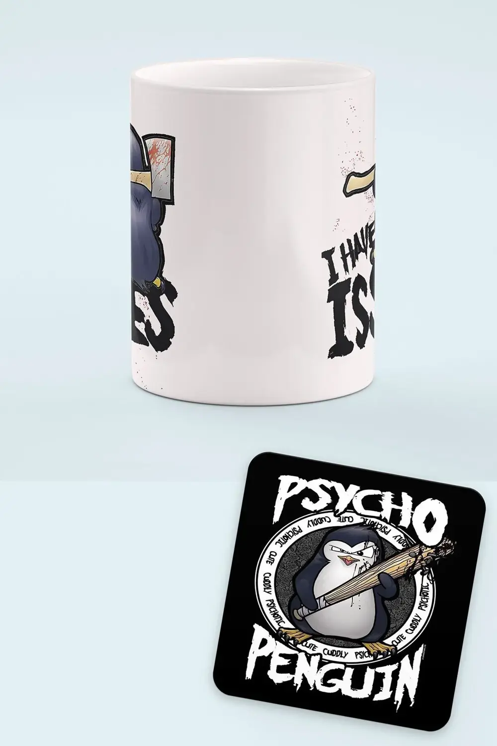 Sayko Penguen Baskılı Porselen Kupa ve Ahşap Bardak Altlığı