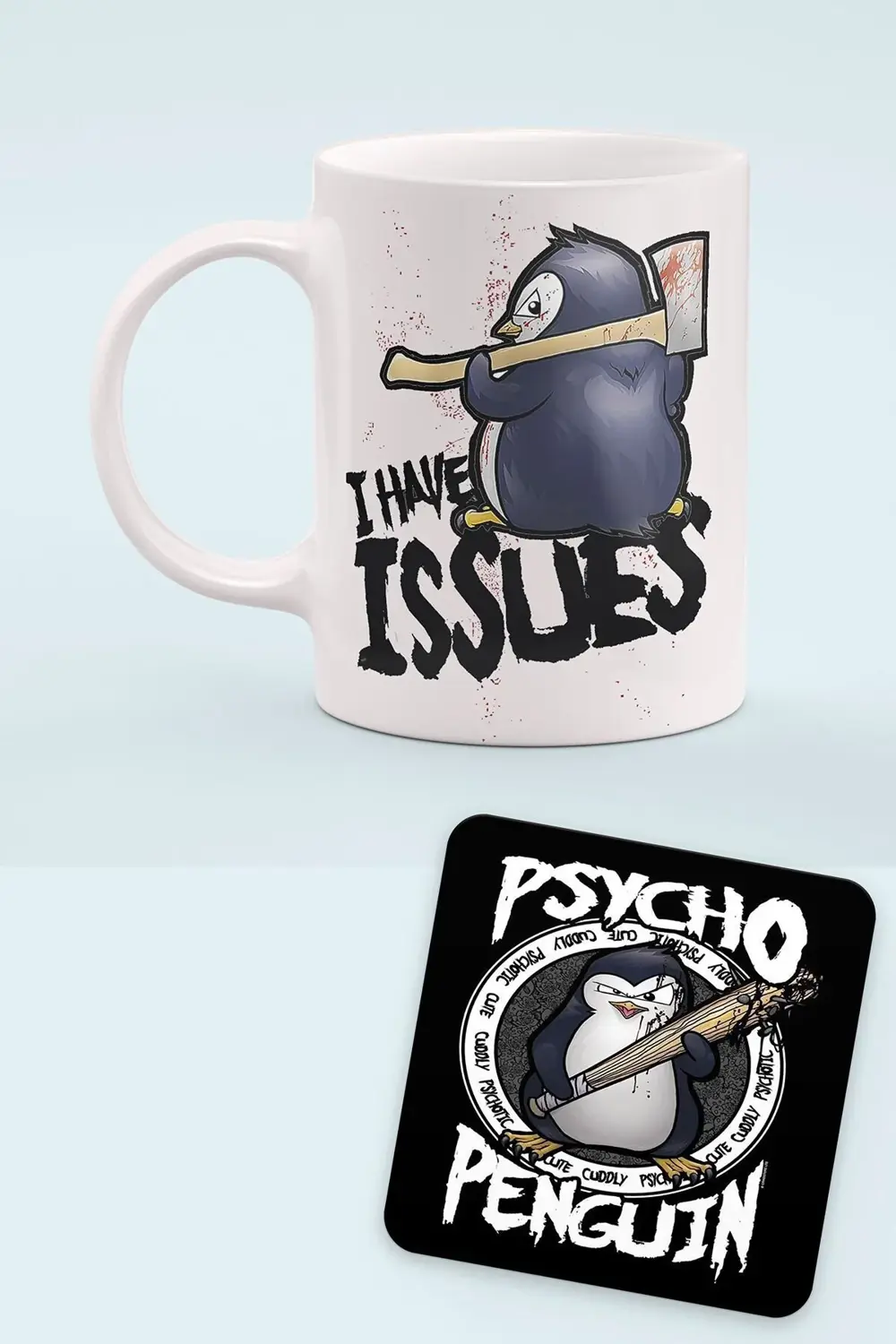 Sayko Penguen Baskılı Porselen Kupa ve Ahşap Bardak Altlığı