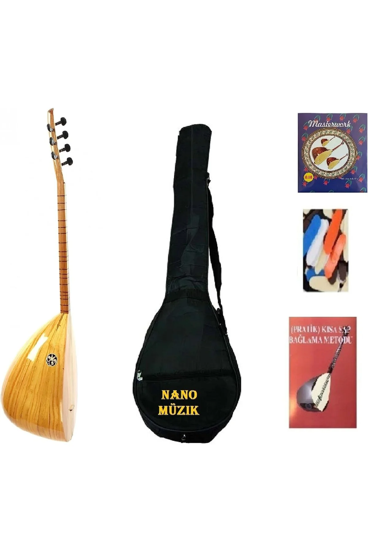 Saz seti Bağlama Seti Kısa Sap + Öğretici Kitap - 2 Adet Yedek Te