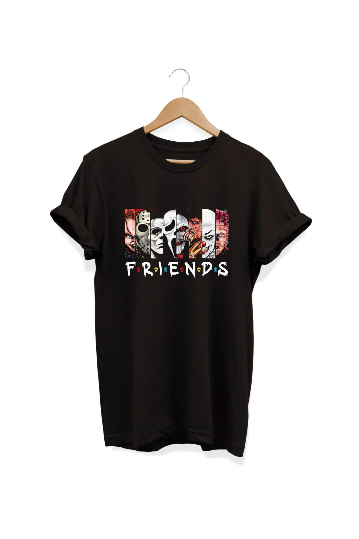 , Scary Friends Baskılı, %100 Pamuk, Bisiklet Yaka, Basic T-shirt