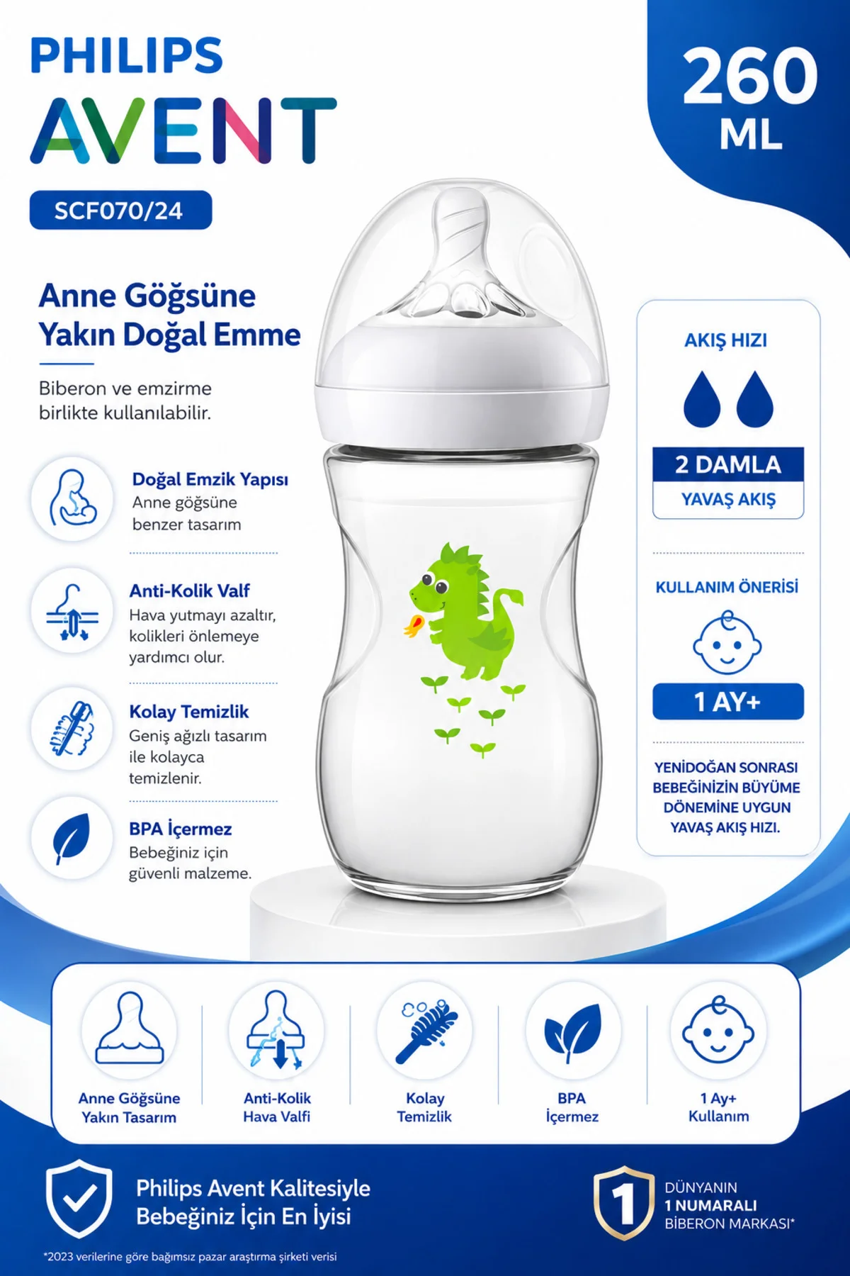 SCF070/24 Natural Biberon 260 ml 1 Ay+ Yavaş Akış 2 Damla Anti Ko SCF070/24 Natural Biberon 260 ml 1 Ay+ Yavaş Akış 2 Damla Anti Ko